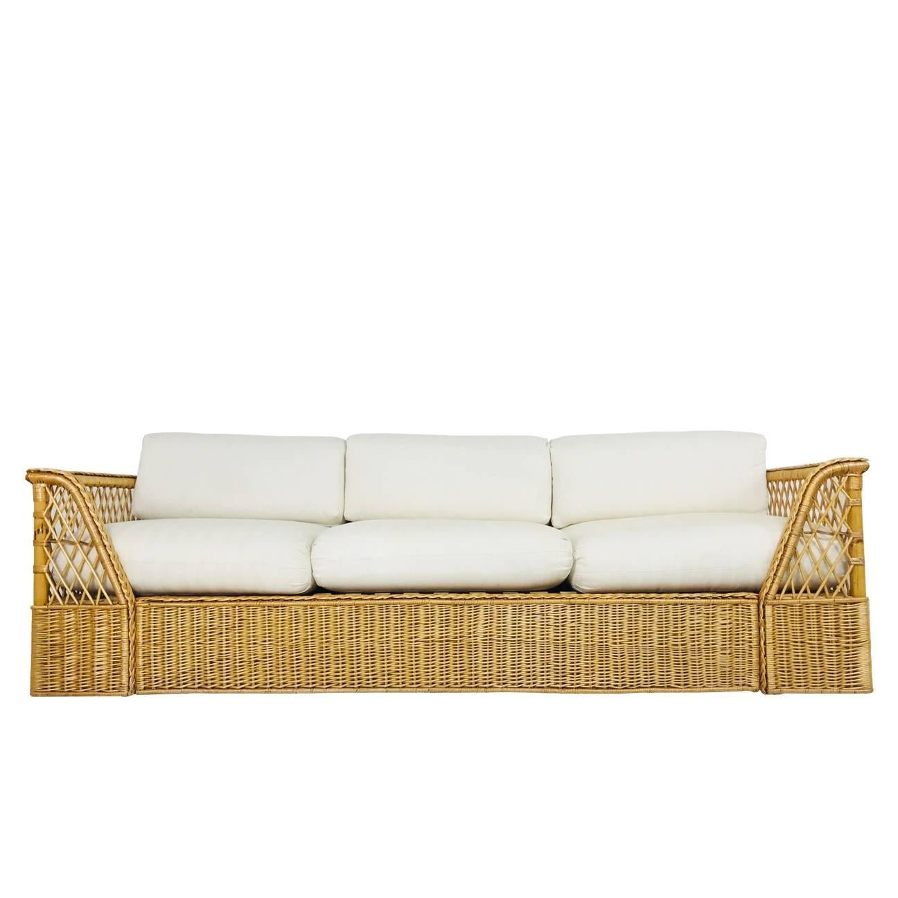 Rattan Sofa with Upholstered Cushions by McGuire