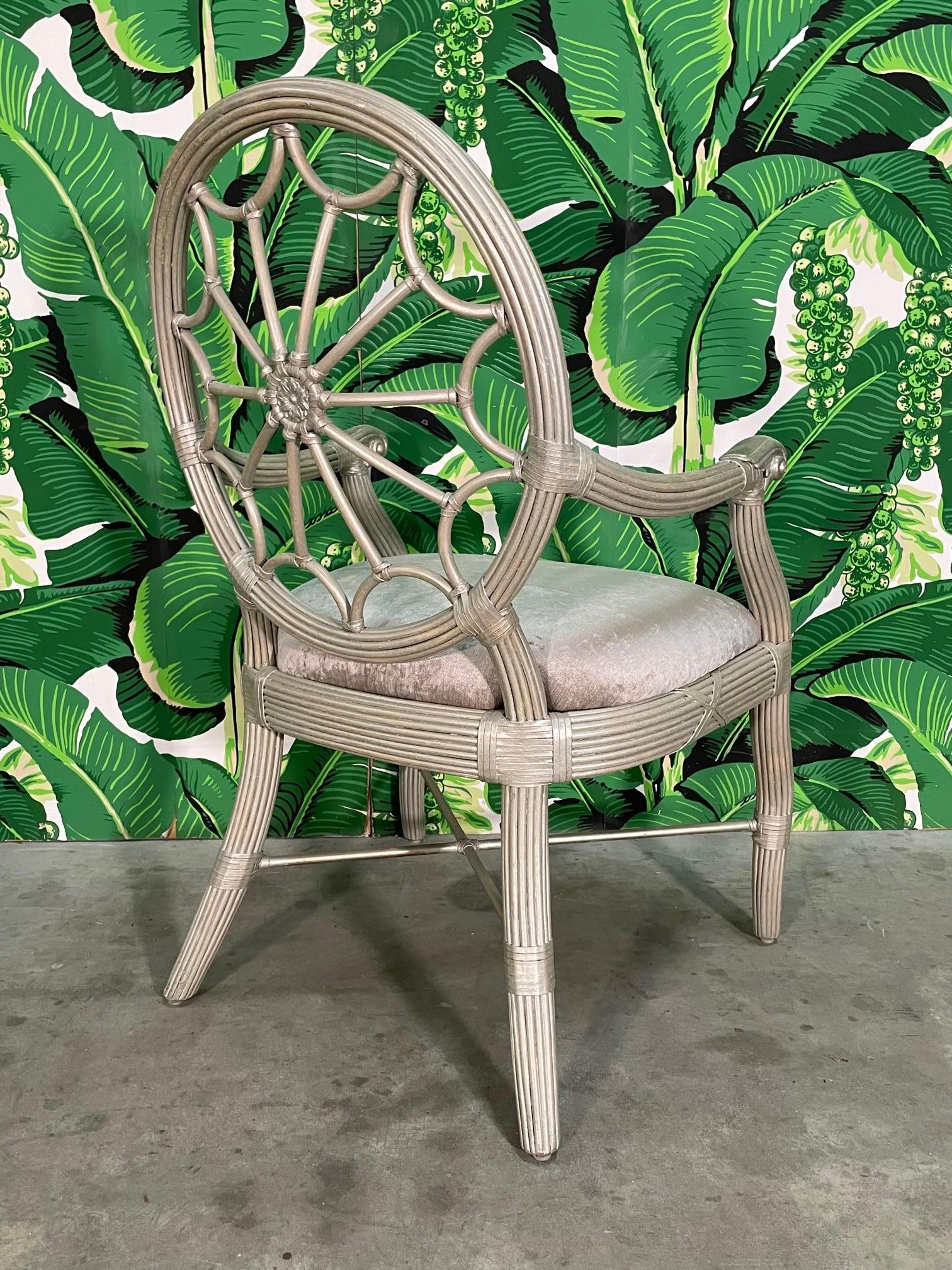20th Century Rattan Spider Back Dining Arm Chairs, Set of 6
