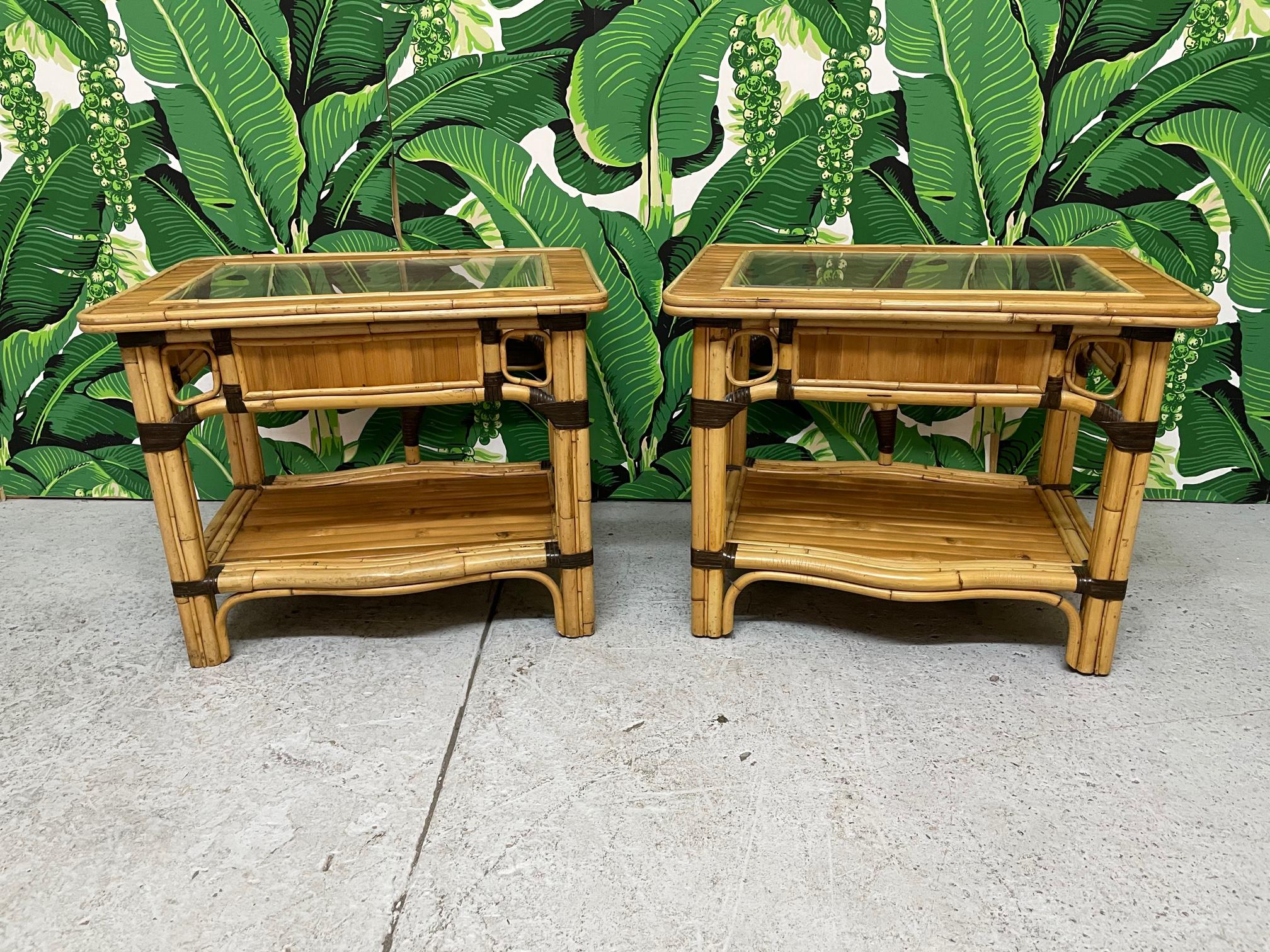 Late 20th Century Rattan Split Reed Drop Leaf Side Tables For Sale