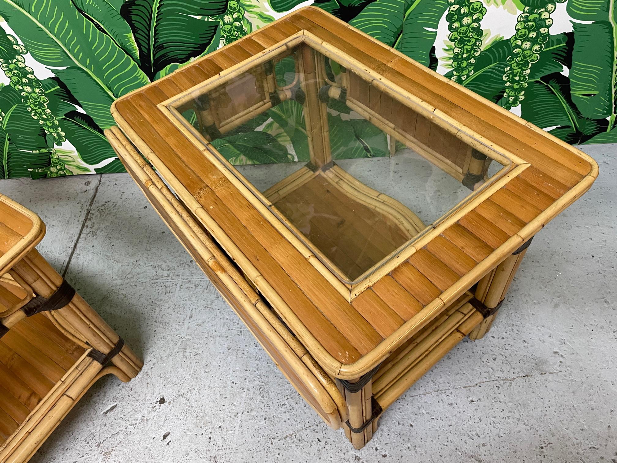 Rattan Split Reed Drop Leaf Side Tables For Sale 3