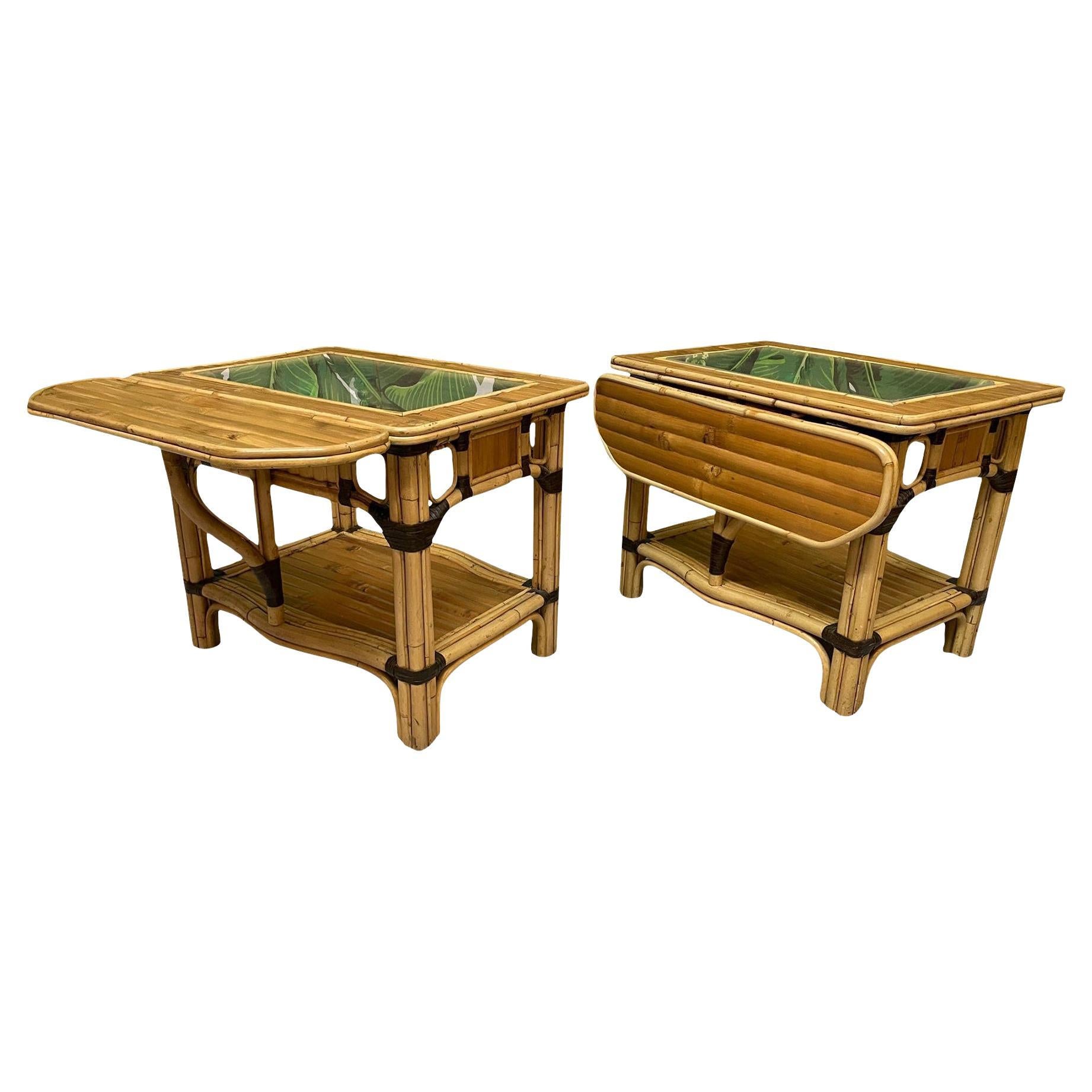 Rattan Split Reed Drop Leaf Side Tables