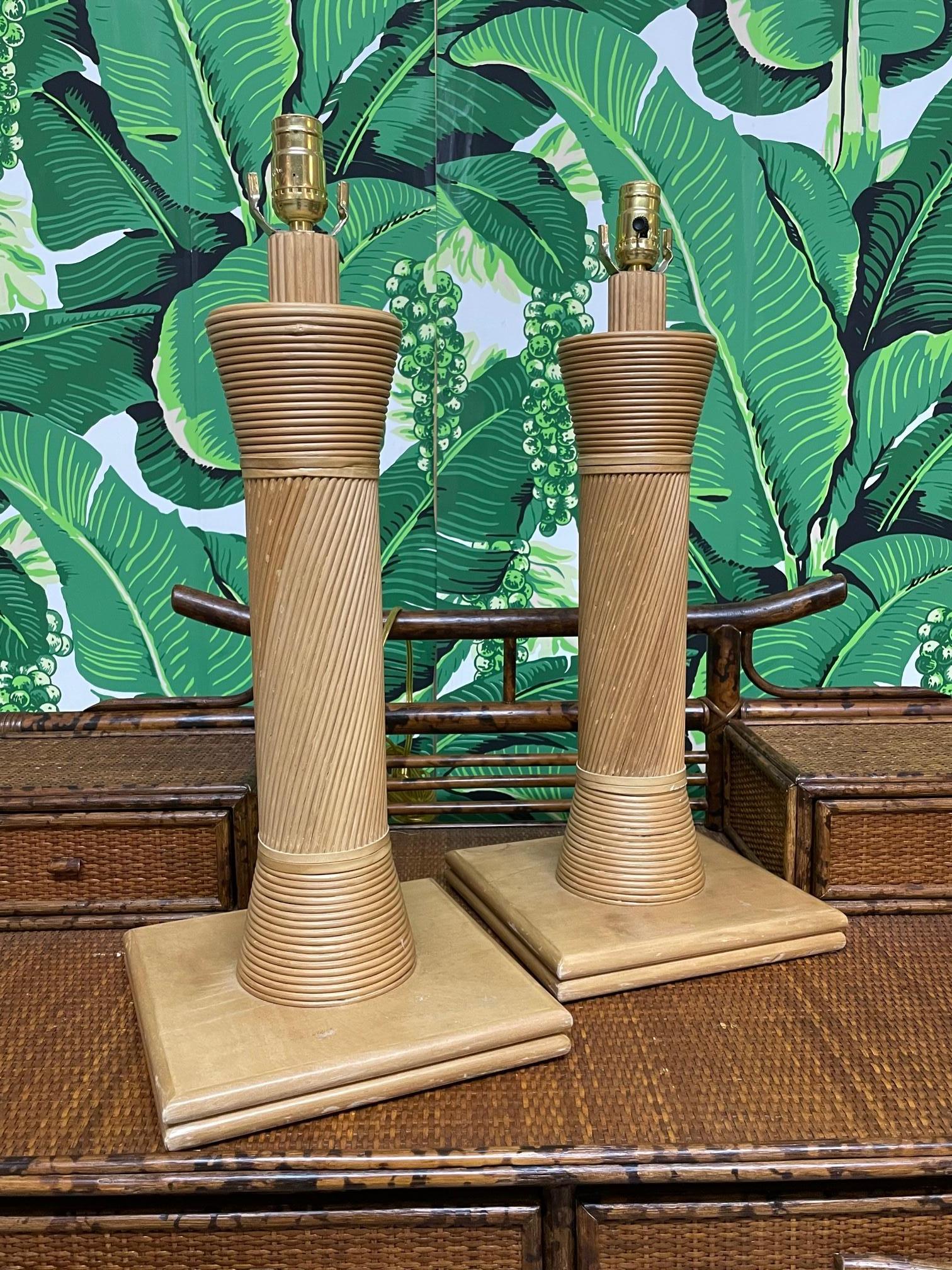 Late 20th Century Rattan Split Reed Table Lamps, a Pair