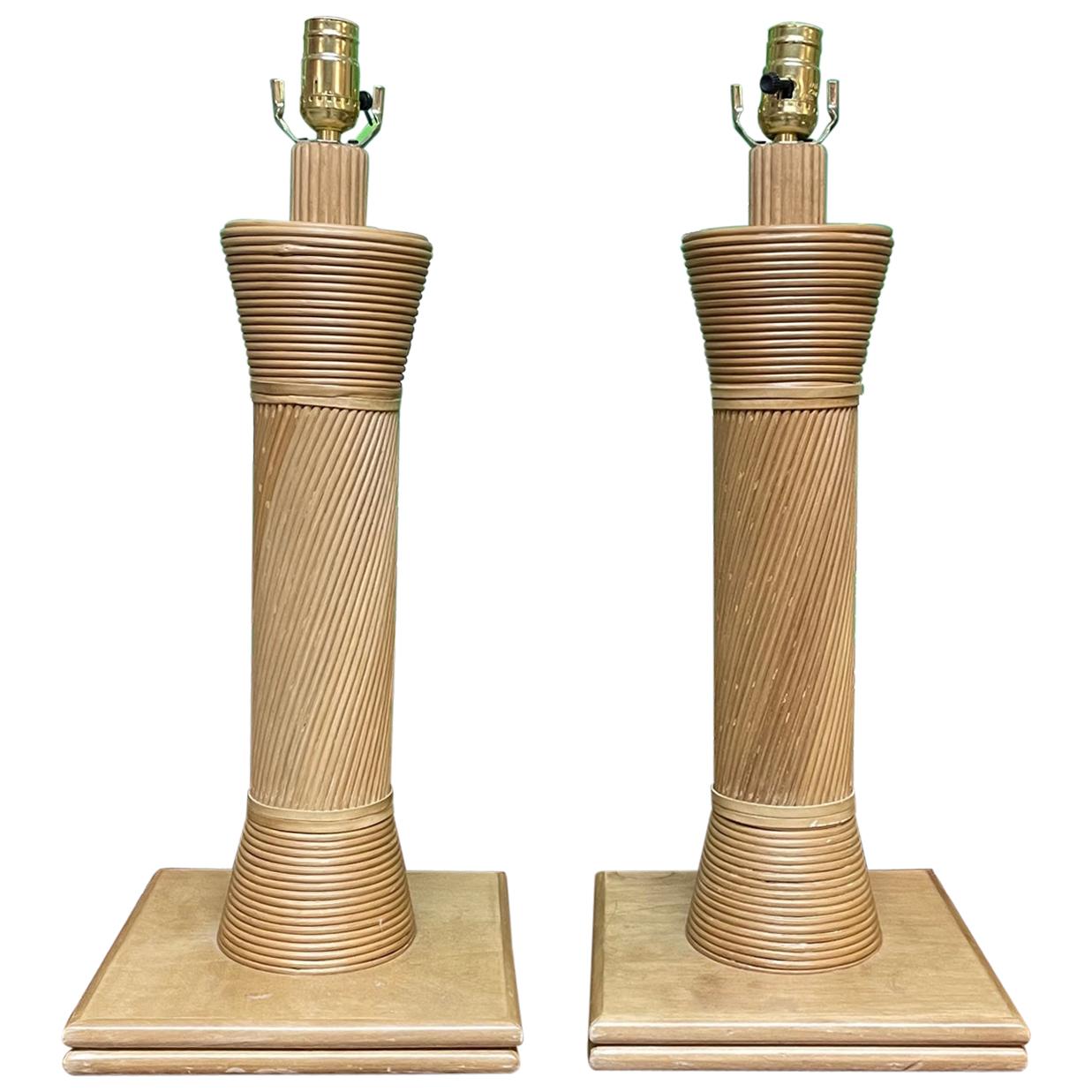 Rattan Split Reed Table Lamps, a Pair