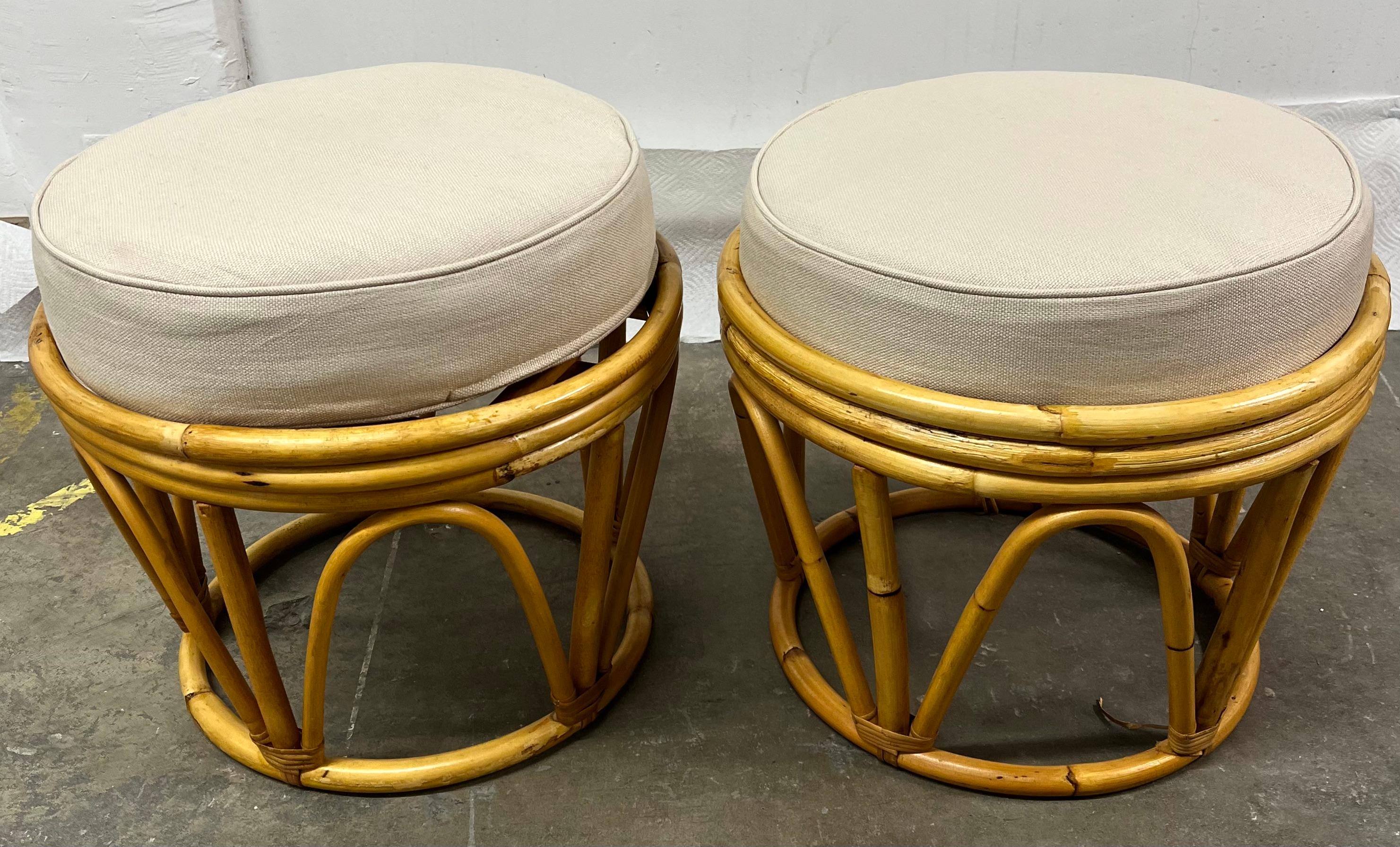 Mid-Century Modern Rattan Stool Ottoman or Side Table with Linen Cushions