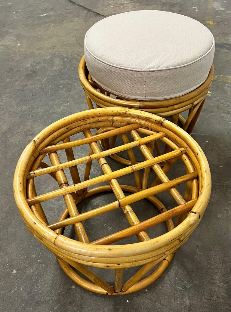 Rattan Stool Ottoman or Side Table with Linen Cushions For Sale at 1stDibs