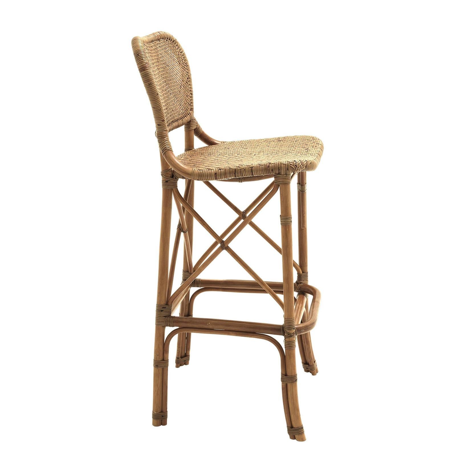 Bar stool rattan style all in
natural rattan in clear finish.