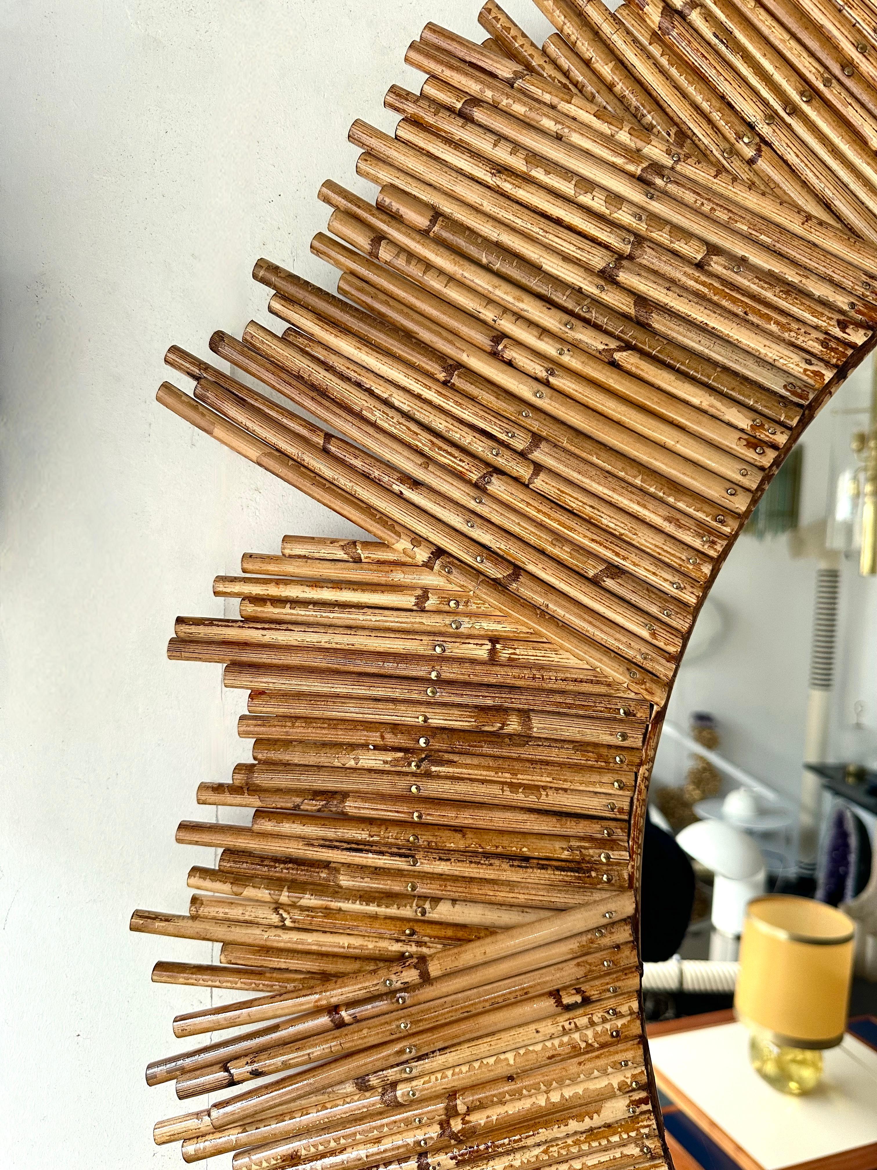 Sun model wall mirror bamboo, rattan raffia, wicker by the manufacture Vivai del Sud italian design. Original manufacture stamp on the back.  Famous design like, Maison Arpex International, Dal Vera, Renato Zevi, Romeo Rega, Maison Jansen brass palm