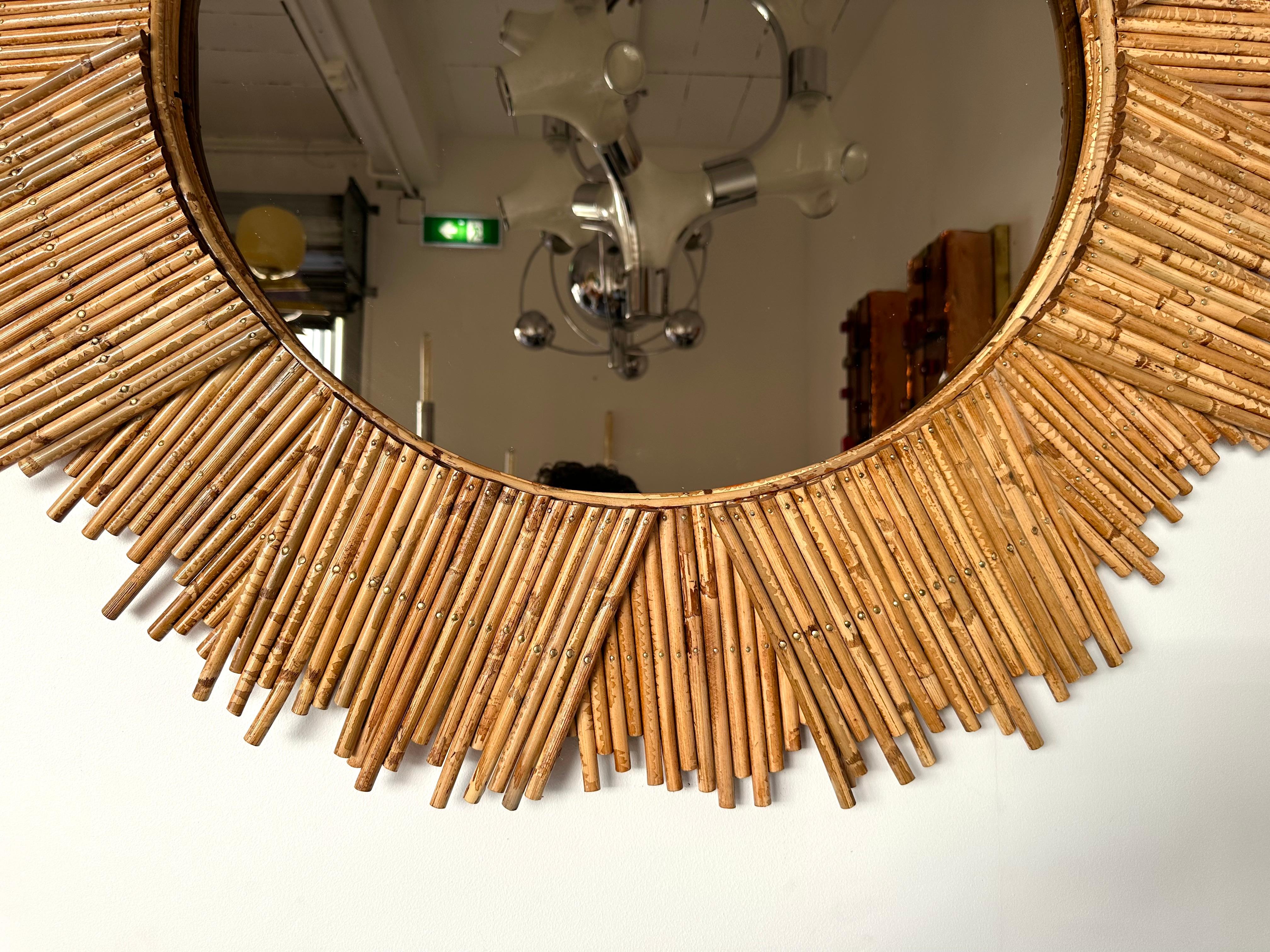 Fin du 20e siècle Miroir de soleil en rotin par Vivai del Sud. Italie, 1970 en vente