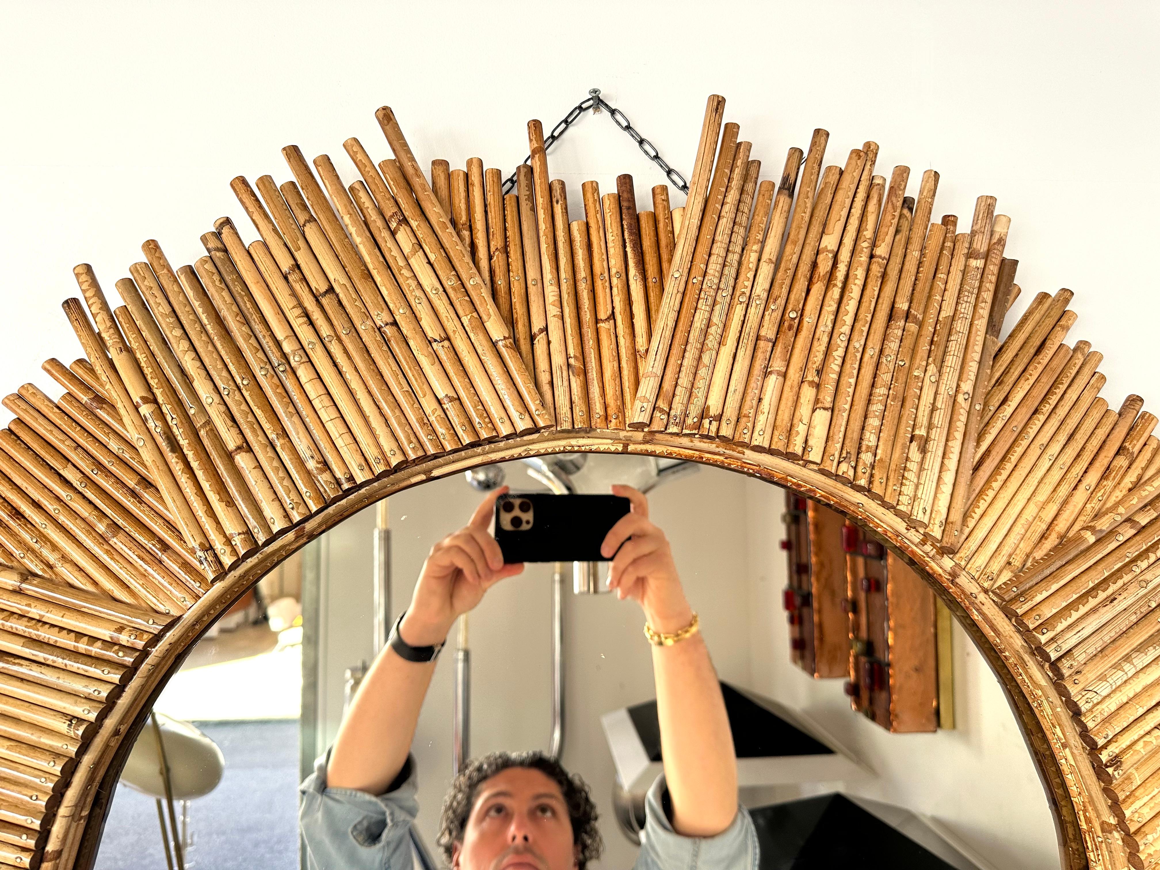 Bambou Miroir de soleil en rotin par Vivai del Sud. Italie, 1970 en vente