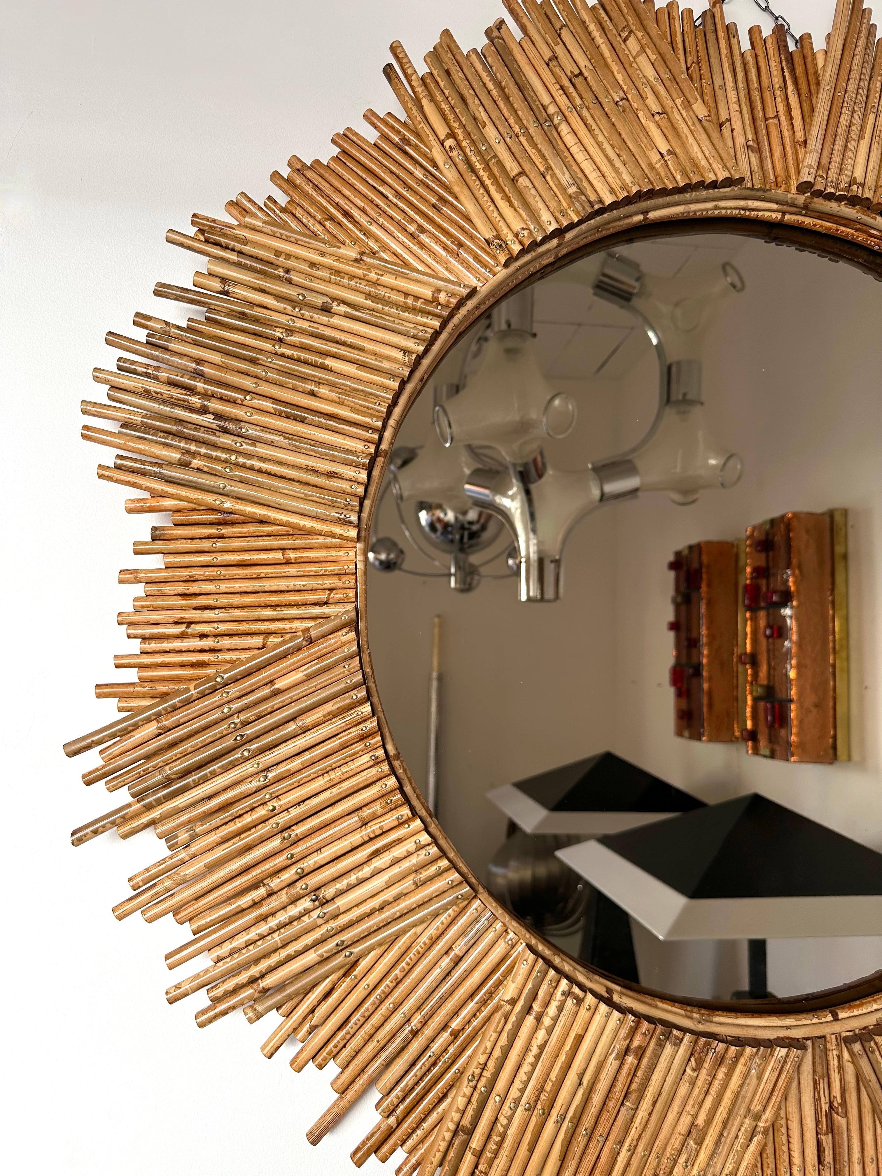 Miroir de soleil en rotin par Vivai del Sud. Italie, 1970 en vente 1