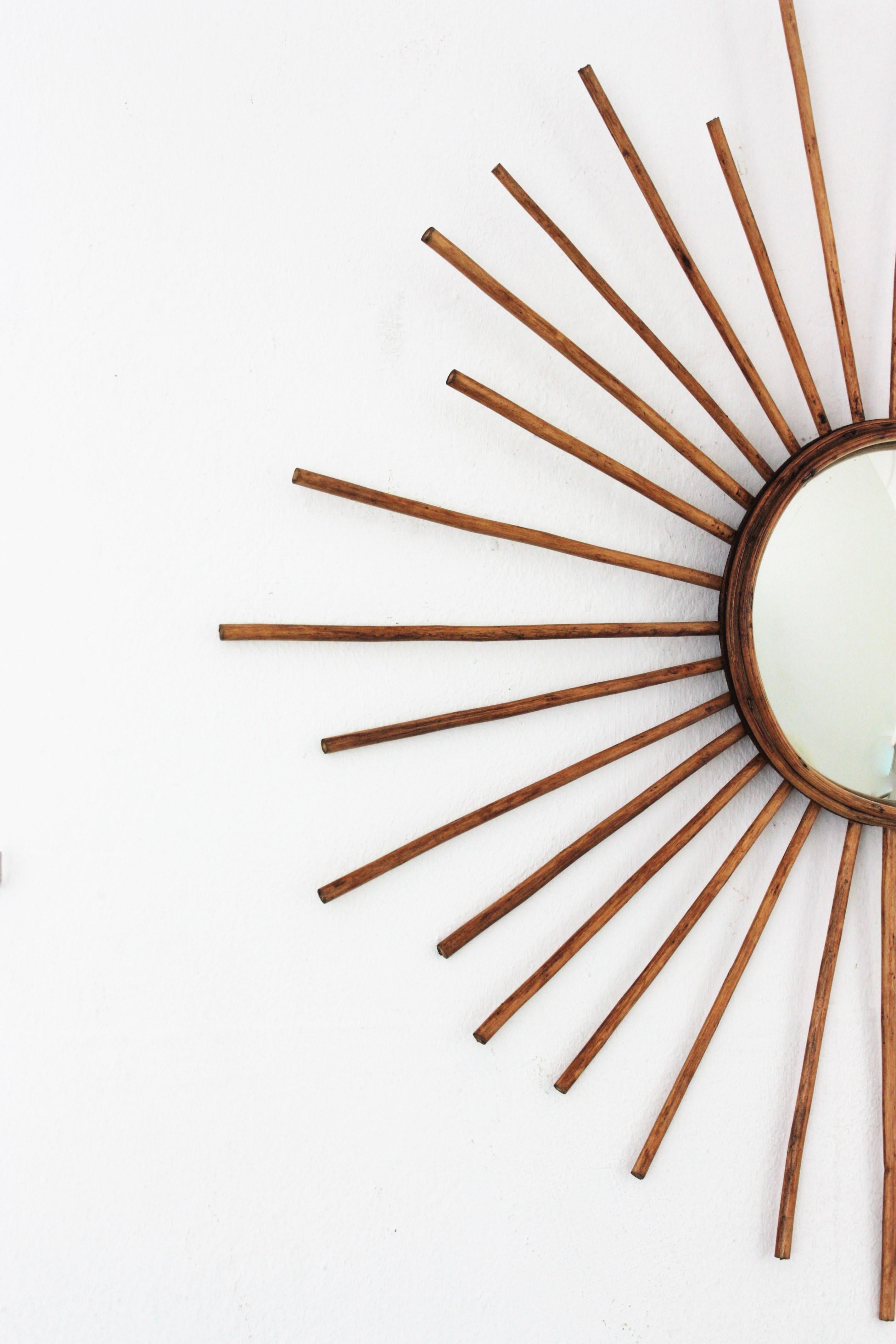 Mid-Century Modern Rattan Sunburst Convex Mirror, France, 1960s For Sale