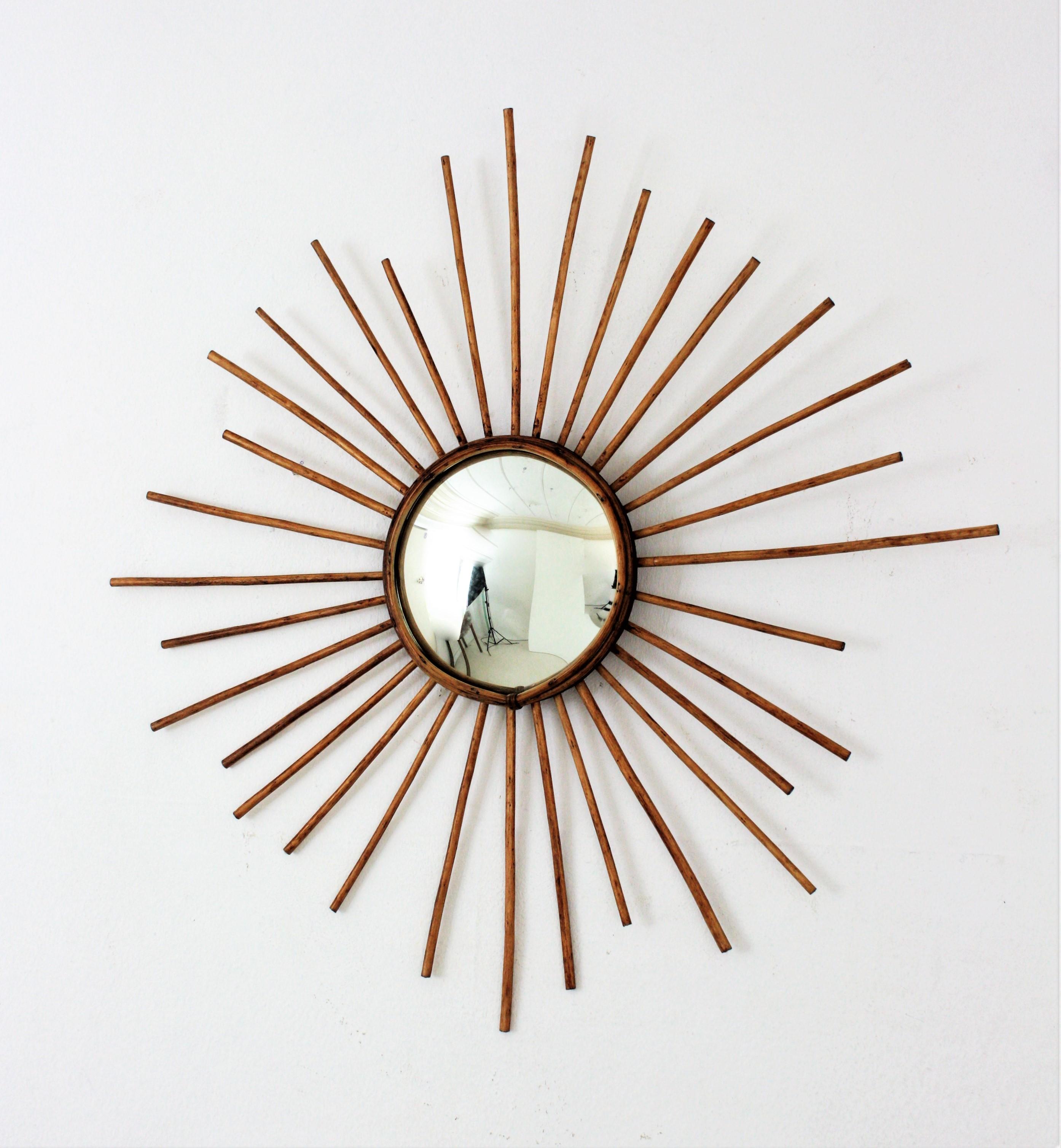 20th Century Rattan Sunburst Convex Mirror, France, 1960s For Sale