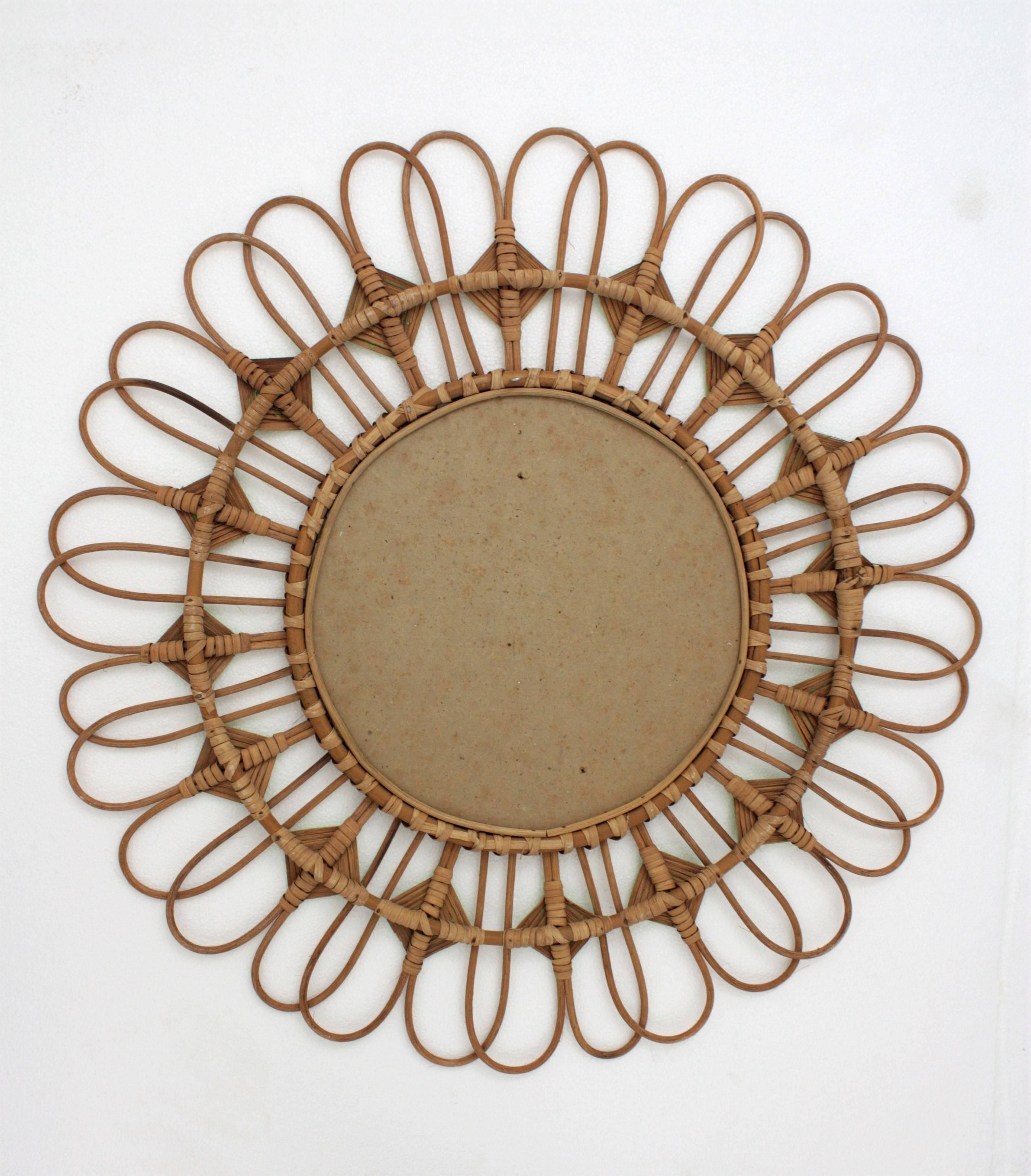 Rattan Sunburst Flower Mirror with Green Accents, 1950s For Sale 4