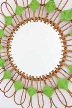 Rattan Flower Sunburst Mirror with Green Accents, 1950s