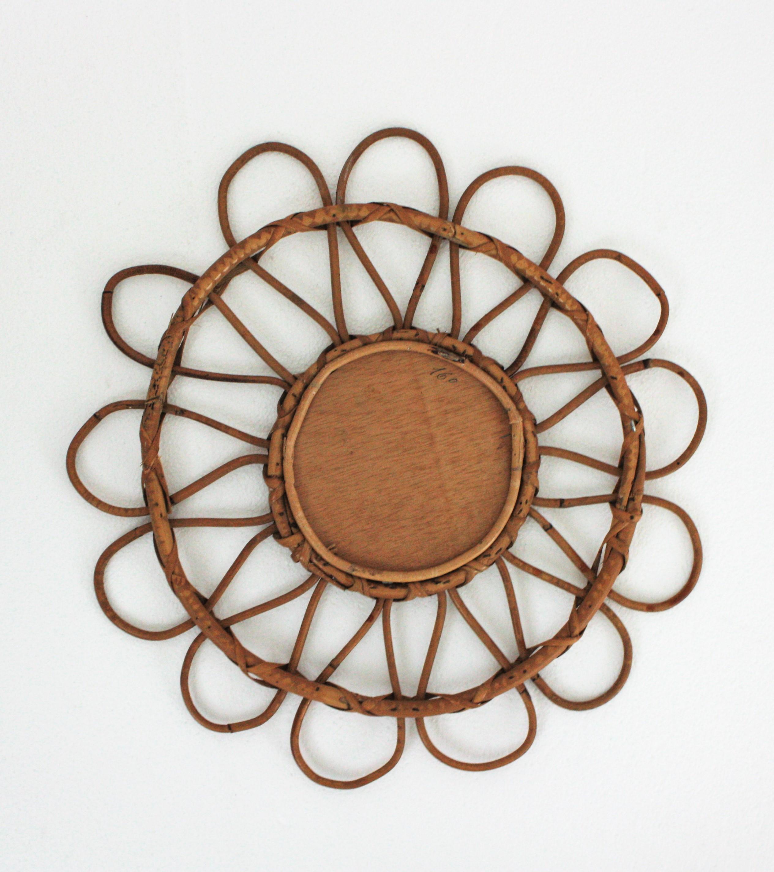 Wicker Midcentury Rattan Sunburst Flower Shaped Wall Mirror For Sale