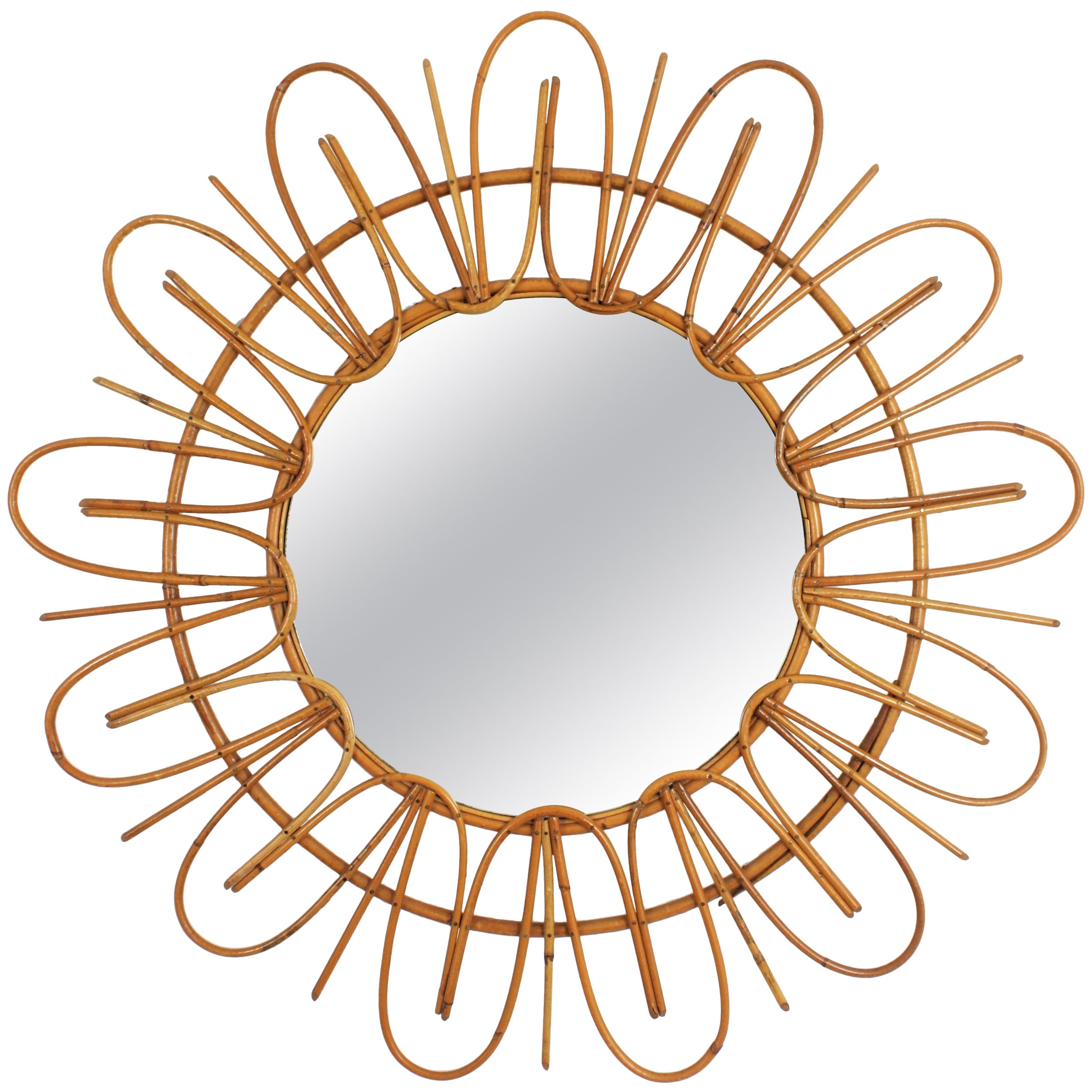 Rattan Sunburst Flower Shaped Mirror , French Riviera