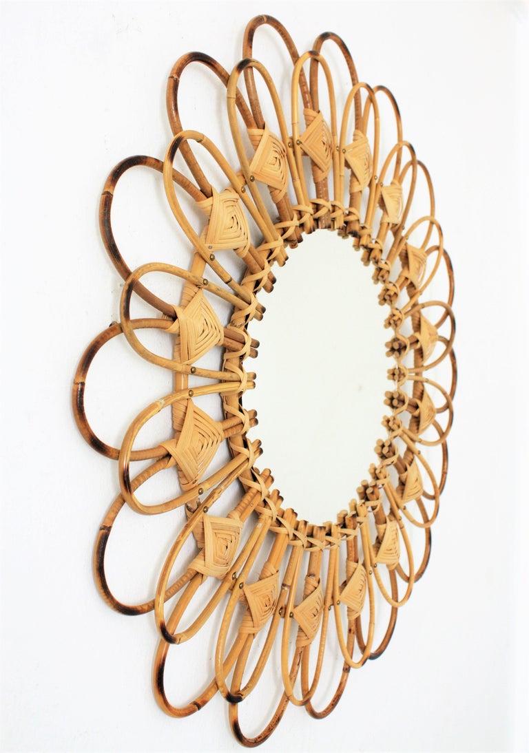 Rattan Sunburst Flower Shaped Mirror with Rhombus Decorations, Spain