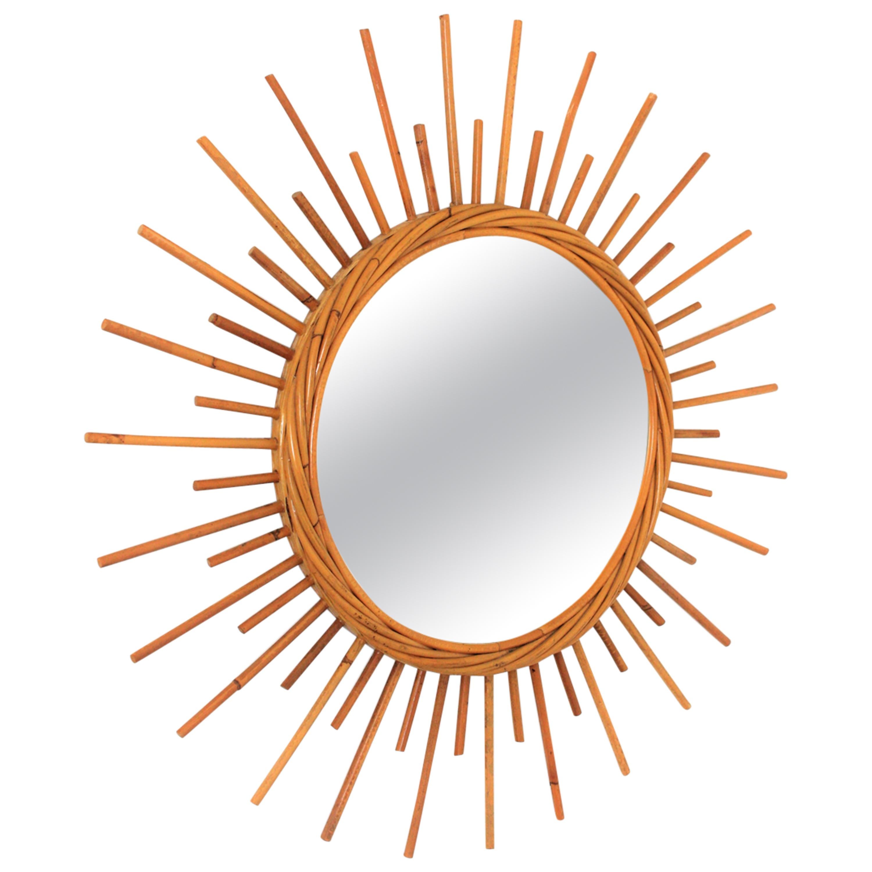 Miroir en rotin Sunburst de la Côte d'Azur, années 1960