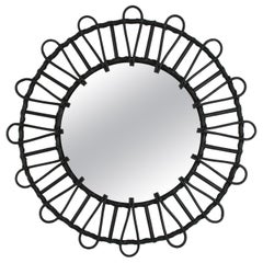 Rattan-Sunburst-Spiegel in schwarzer Patina