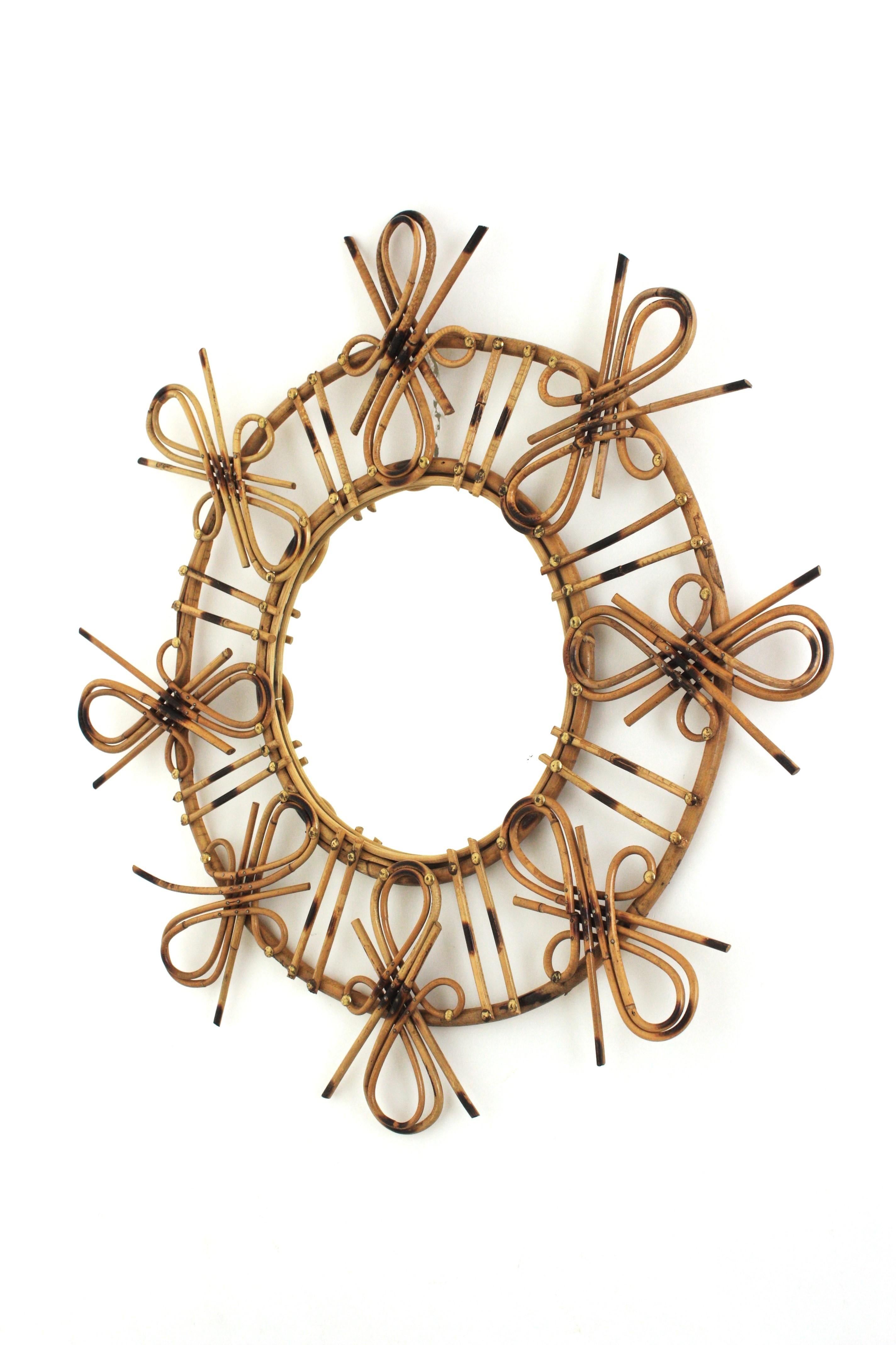 Specchio in rattan Sunburst con motivo Chinoiserie, anni '50 in vendita 2