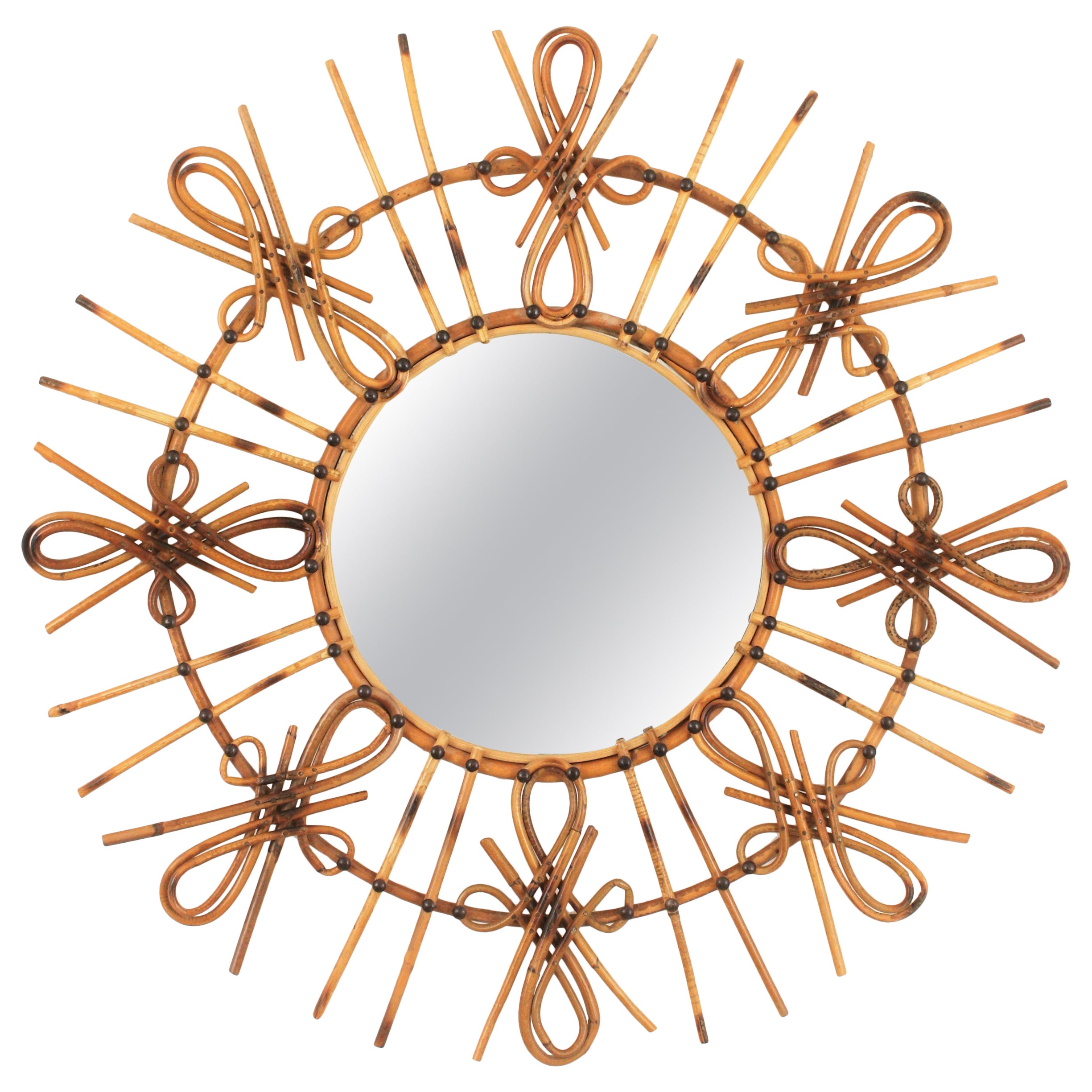 Rattan Sunburst Mirror with Chinoiserie Motif, 1950s
