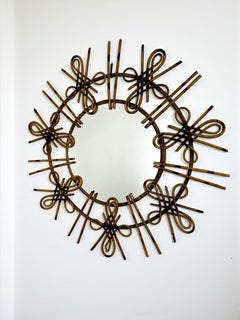 Rattan Sunburst Mirror with Chinoiserie Motif, Spain, 1950s