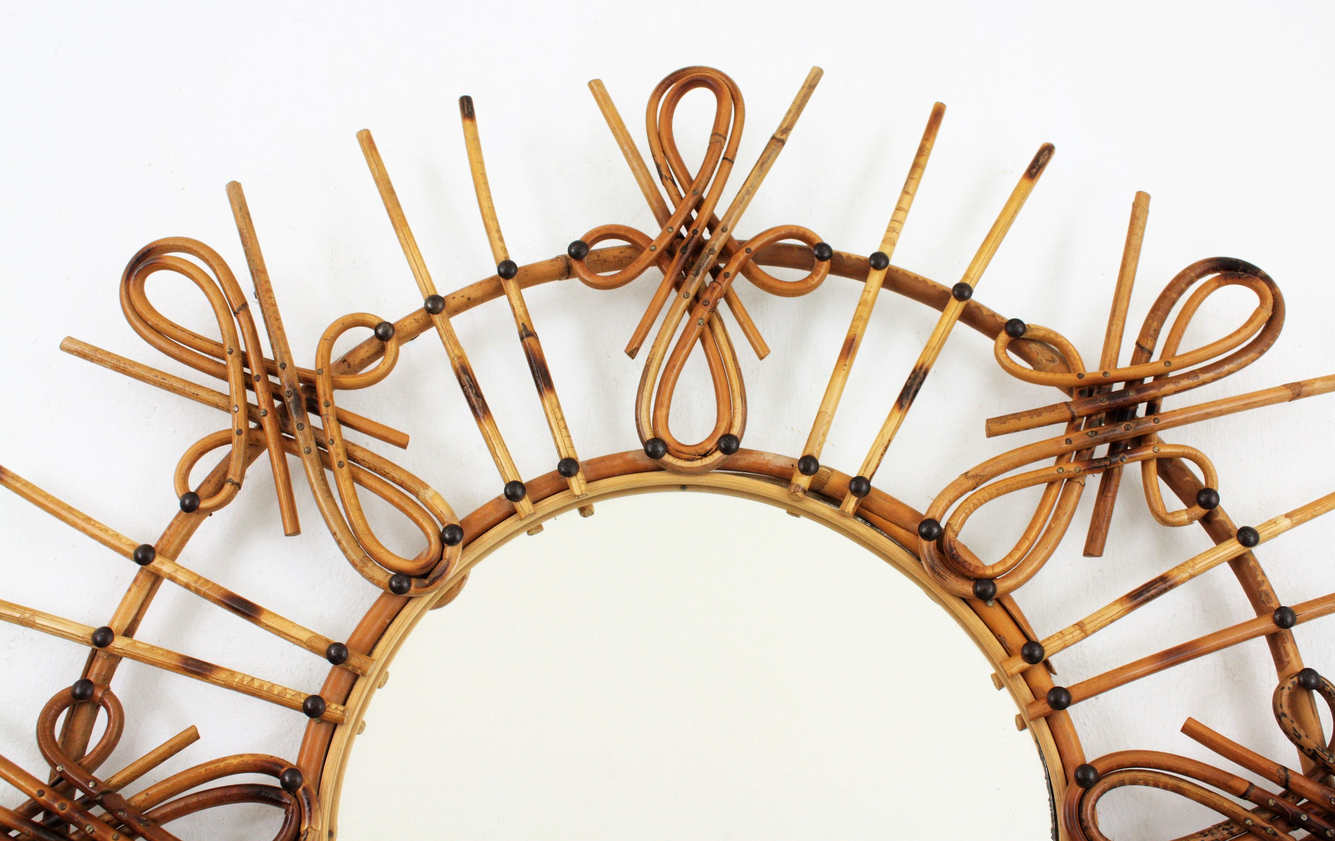 Rattan Sunburst Mirror with Chinoiserie Motif, 1950s For Sale 4