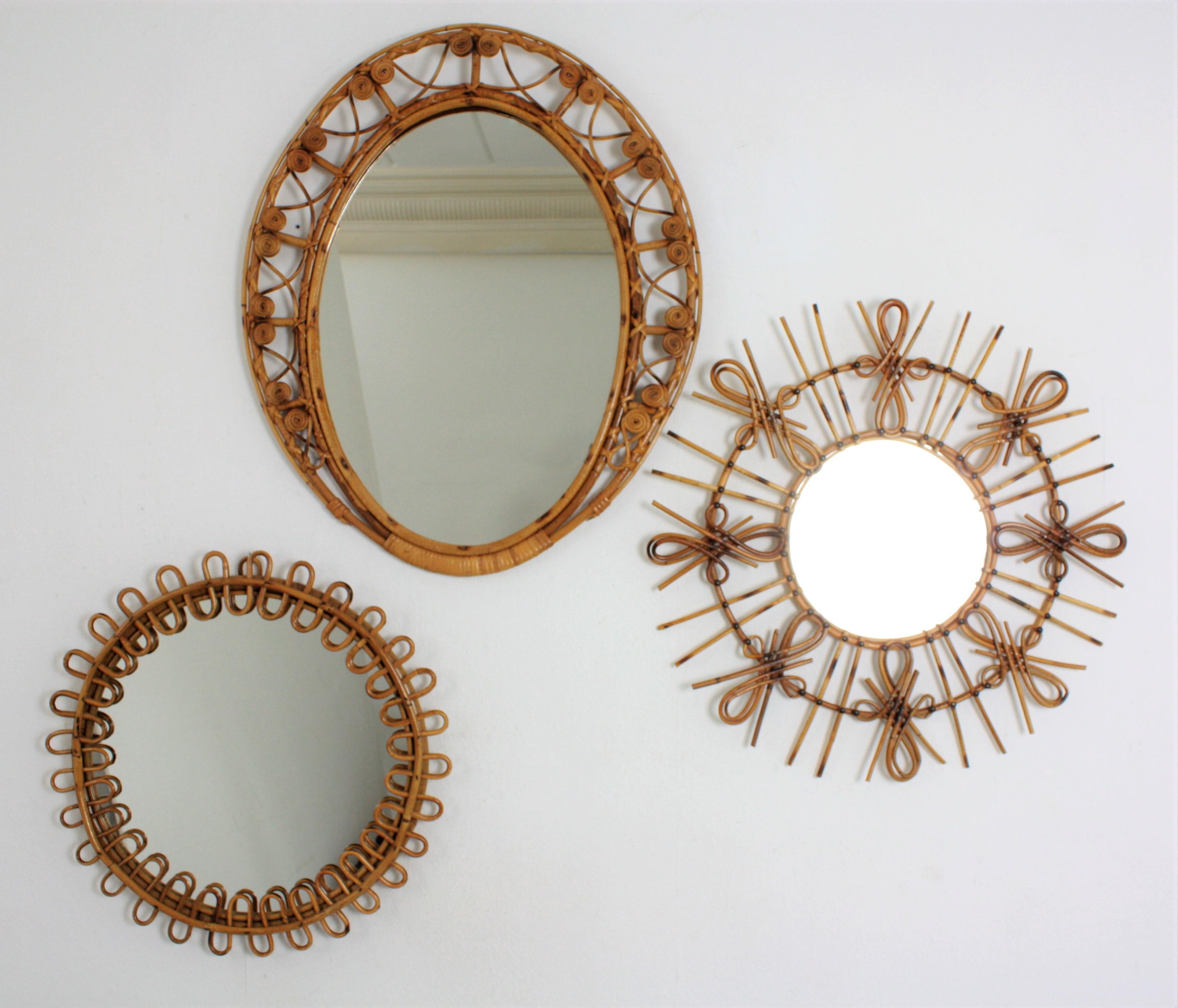 Spanish Rattan Sunburst Mirror with Chinoiserie Tiki Accents, Spain, 1950s For Sale