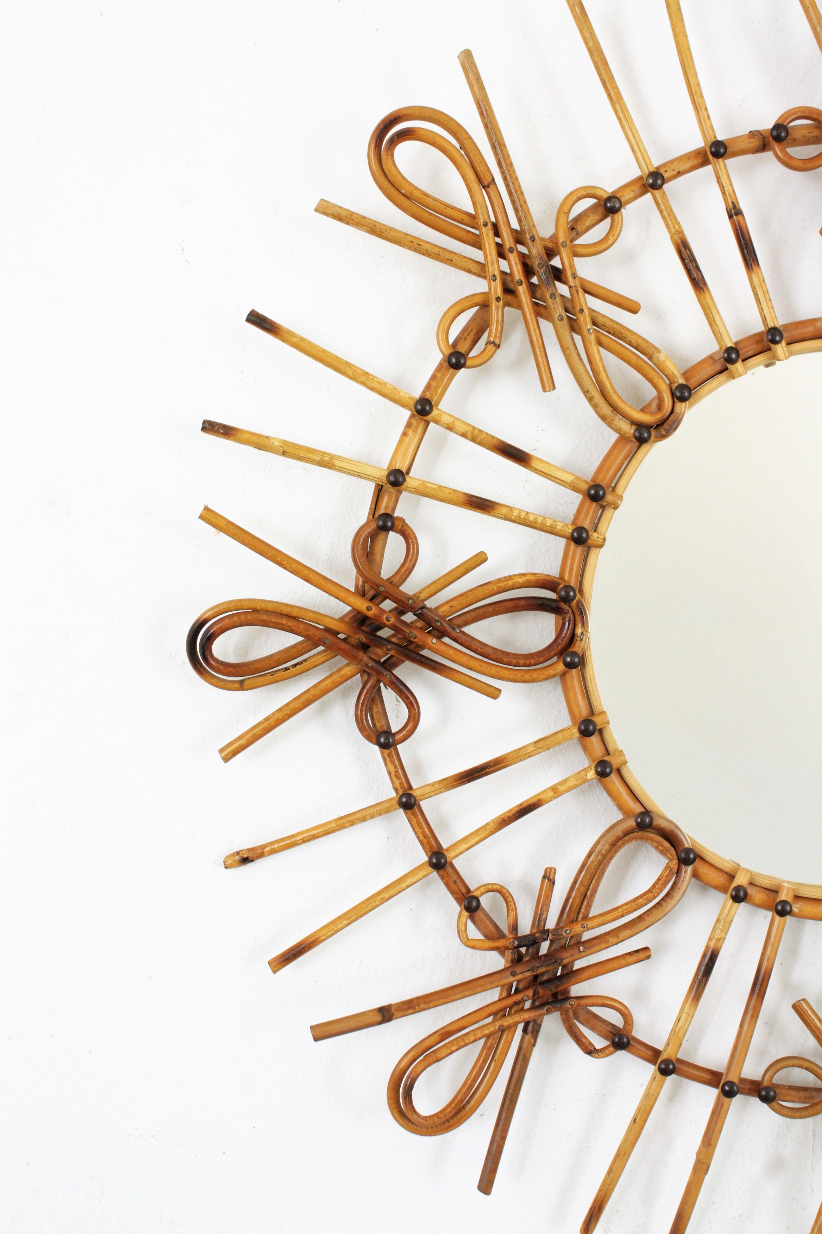 Wicker Rattan Sunburst Mirror with Chinoiserie Motif, 1950s For Sale