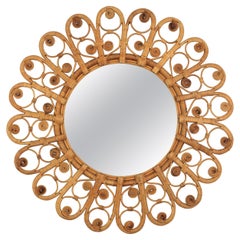Rattan Sunburst Mirror with Filigree Peacock Frame, Spain, 1960s