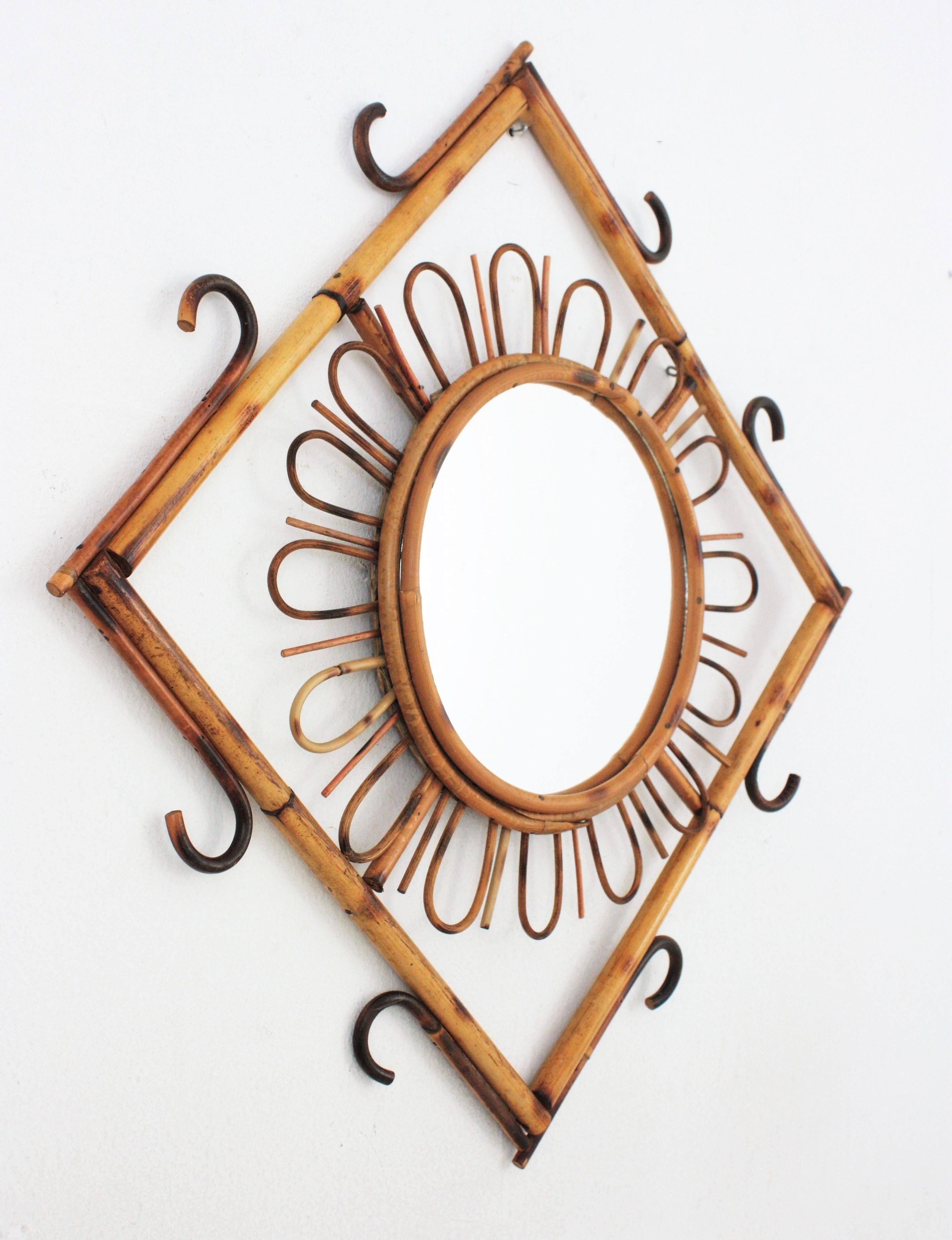 Rattan Sunburst Rhombus Mirror, 1960s For Sale 5