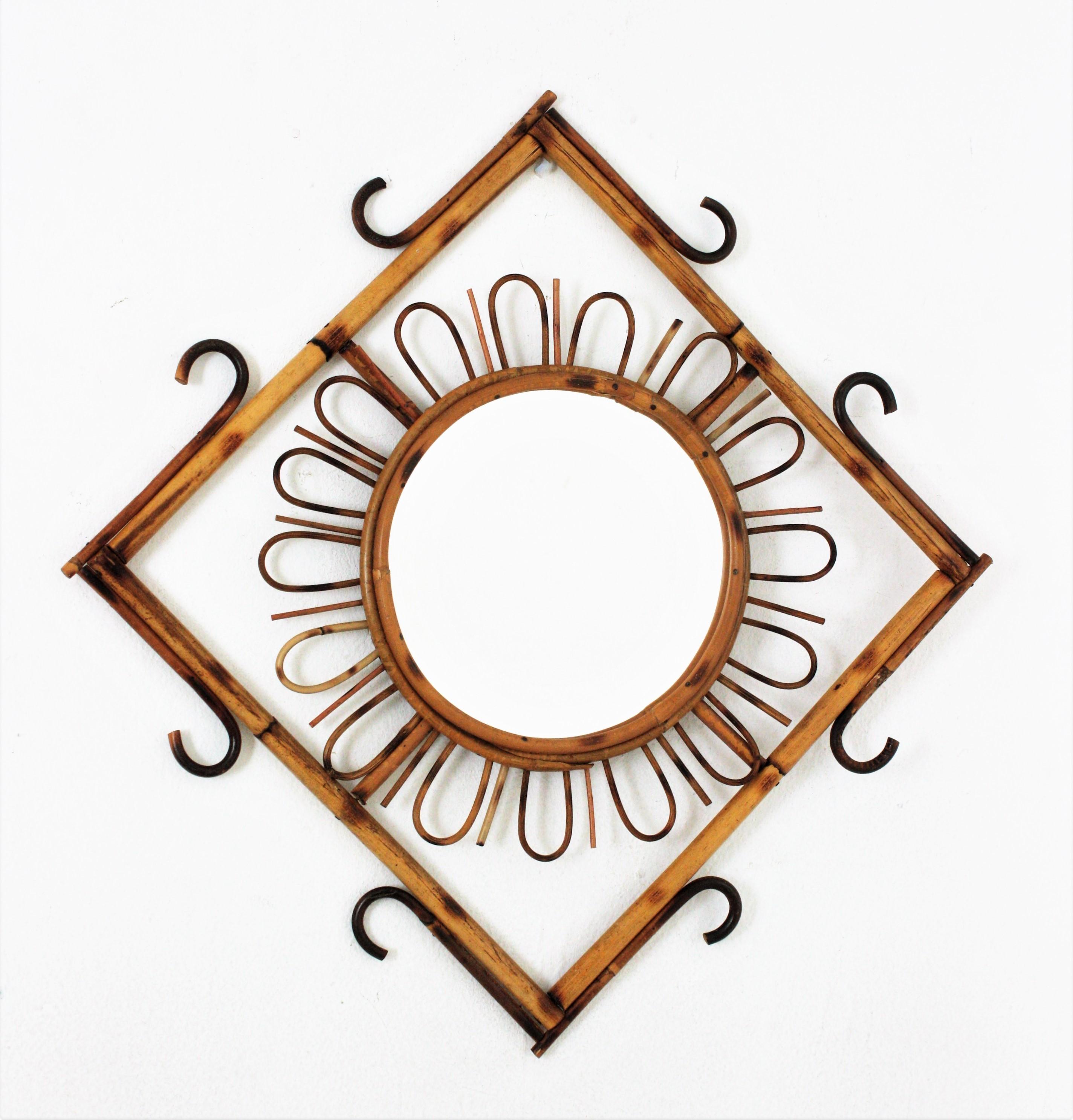 Mid-Century Modern Rattan Sunburst Rhombus Mirror, 1960s For Sale