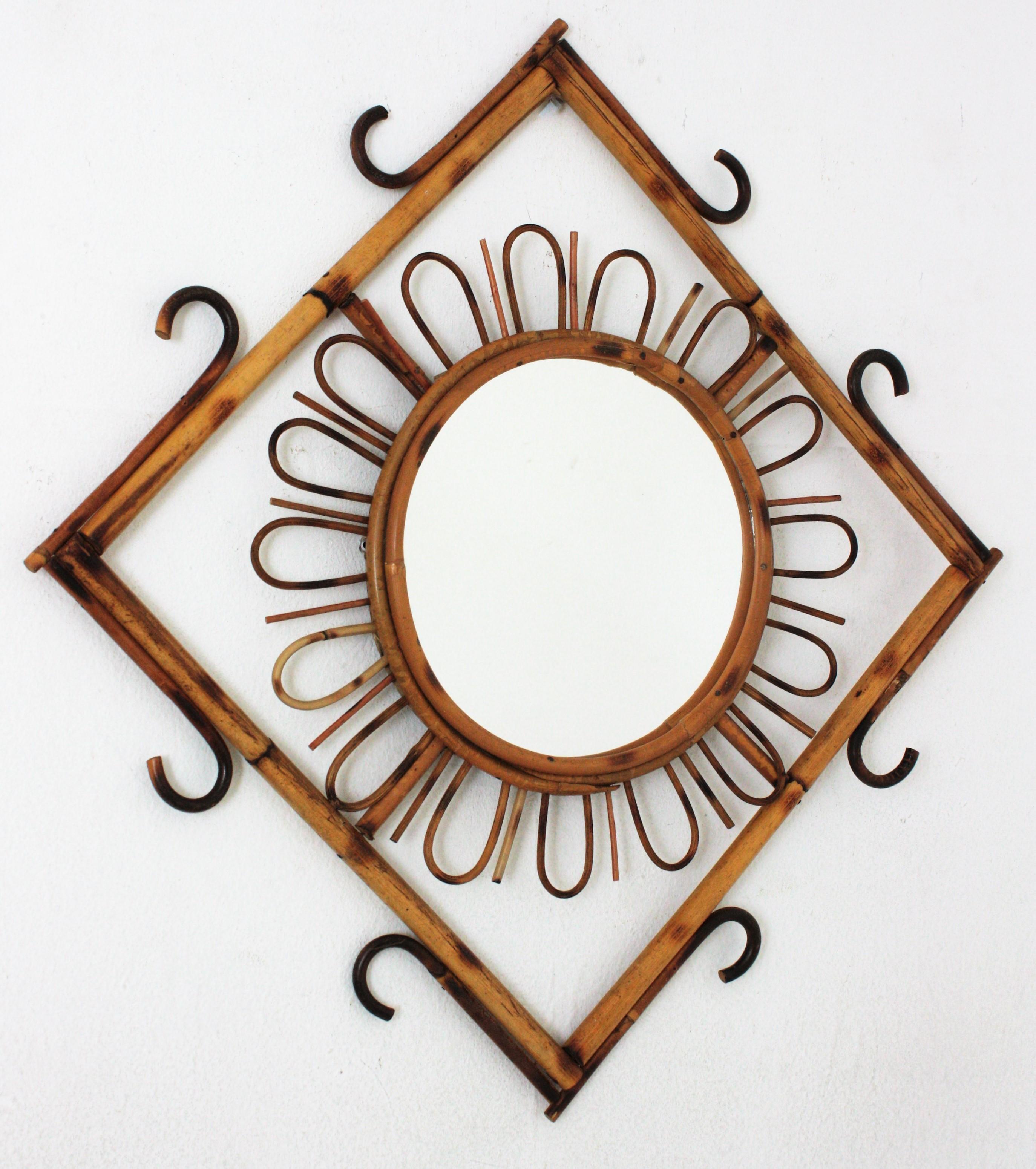 Spanish Rattan Sunburst Rhombus Mirror, 1960s For Sale