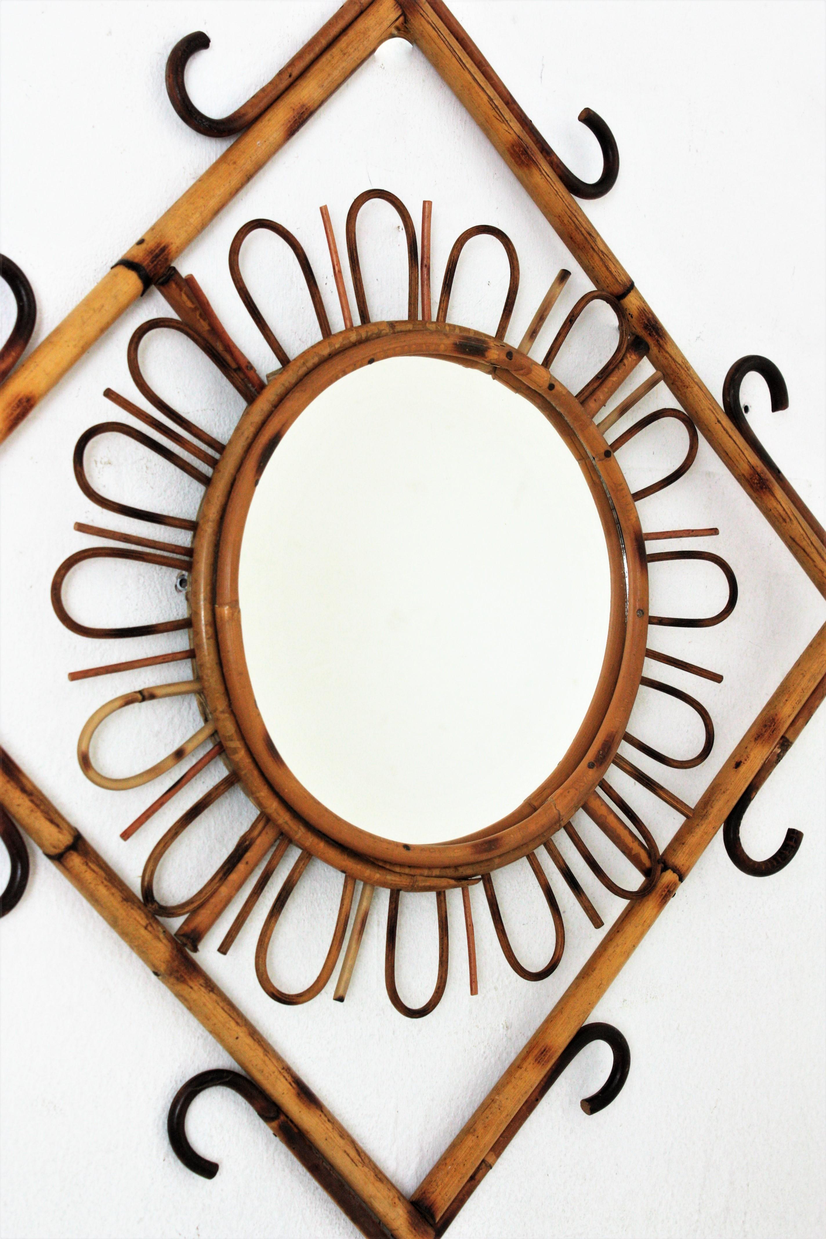 Hand-Crafted Rattan Sunburst Rhombus Mirror, 1960s For Sale