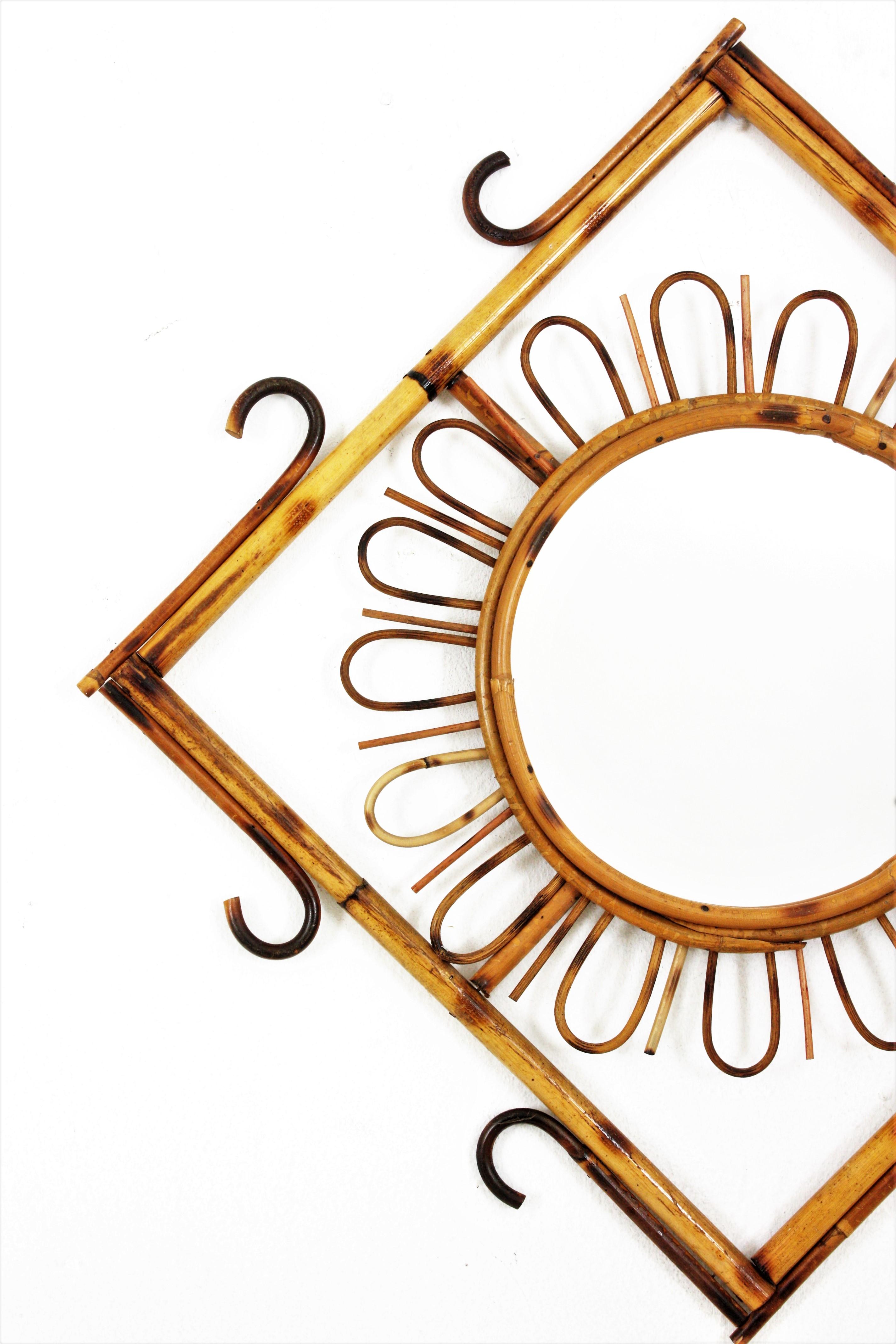 Rattan Sunburst Rhombus Mirror, 1960s In Good Condition For Sale In Barcelona, ES