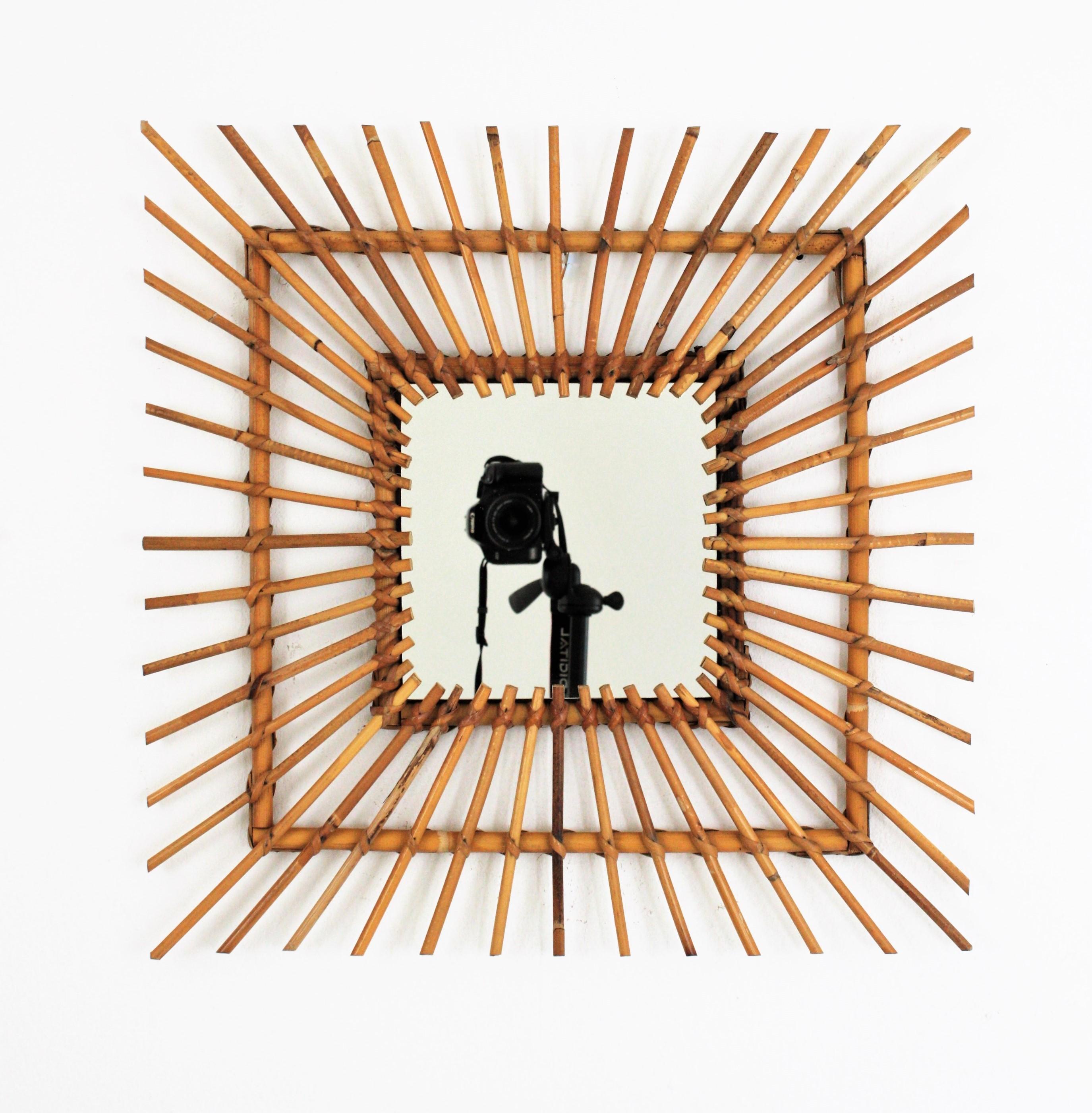 Rattan Sunburst Rhombus Mirror, 1960s In Good Condition In Barcelona, ES