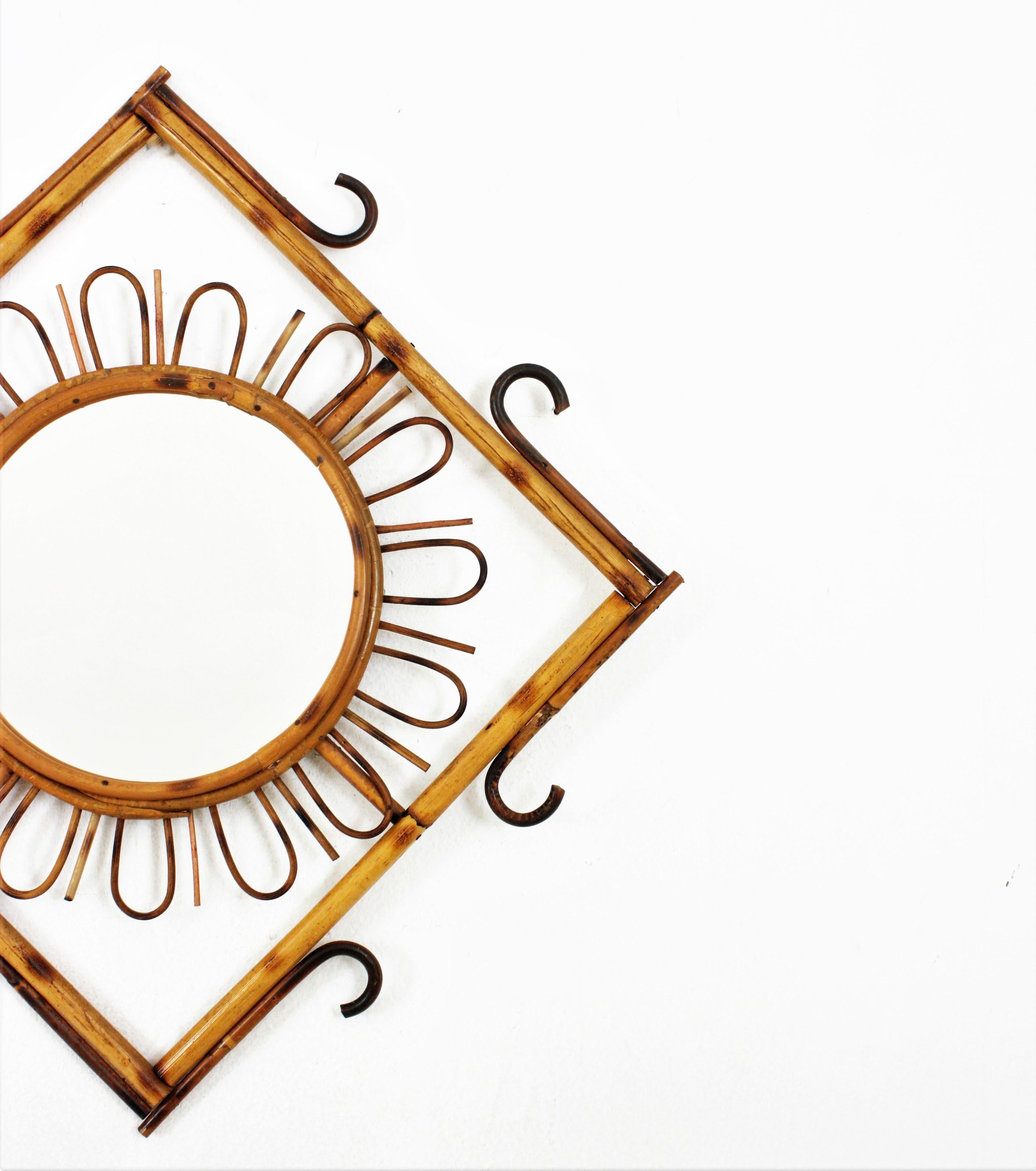 20th Century Rattan Sunburst Rhombus Mirror, 1960s For Sale
