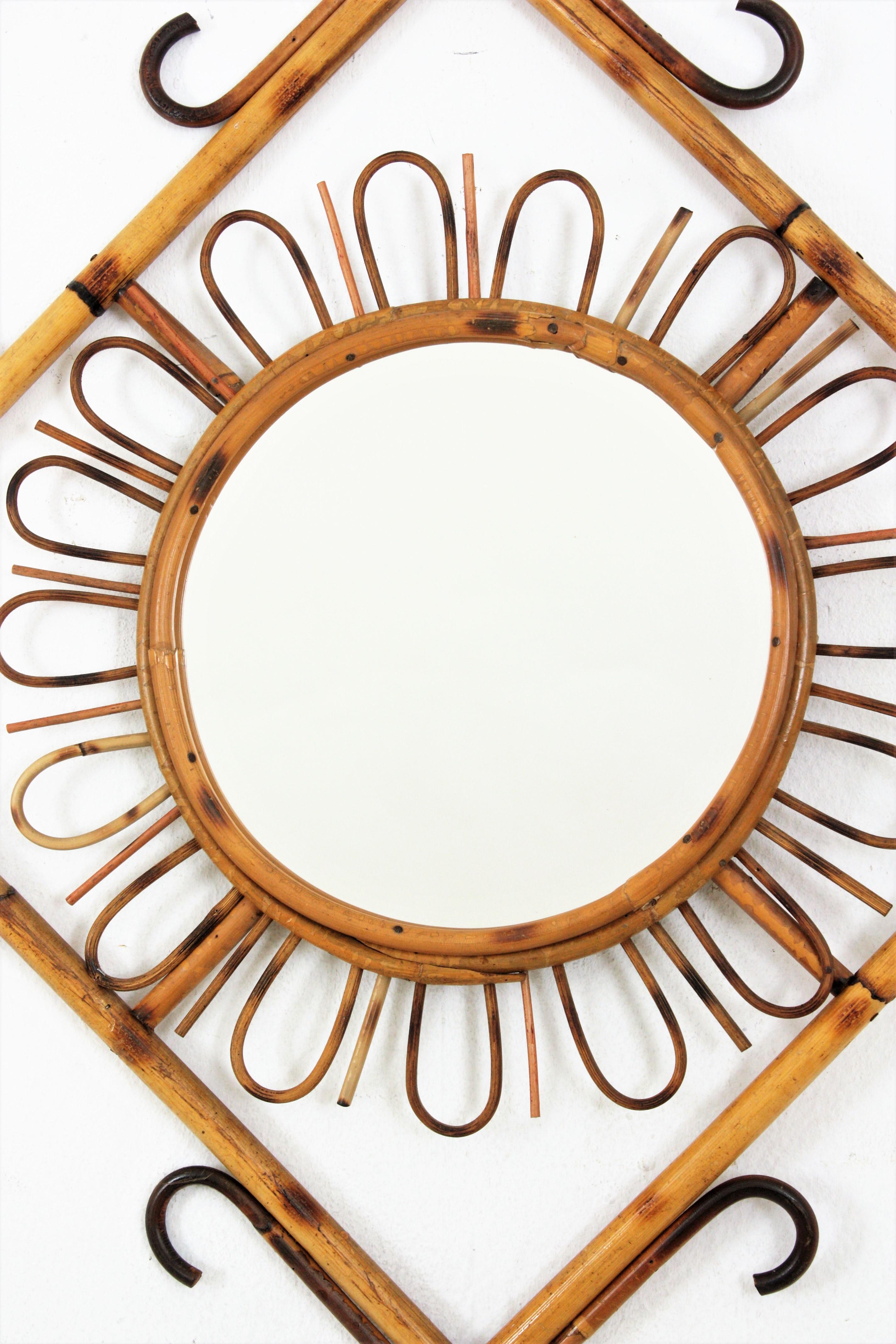 Rattan Sunburst Rhombus Mirror, 1960s For Sale 1
