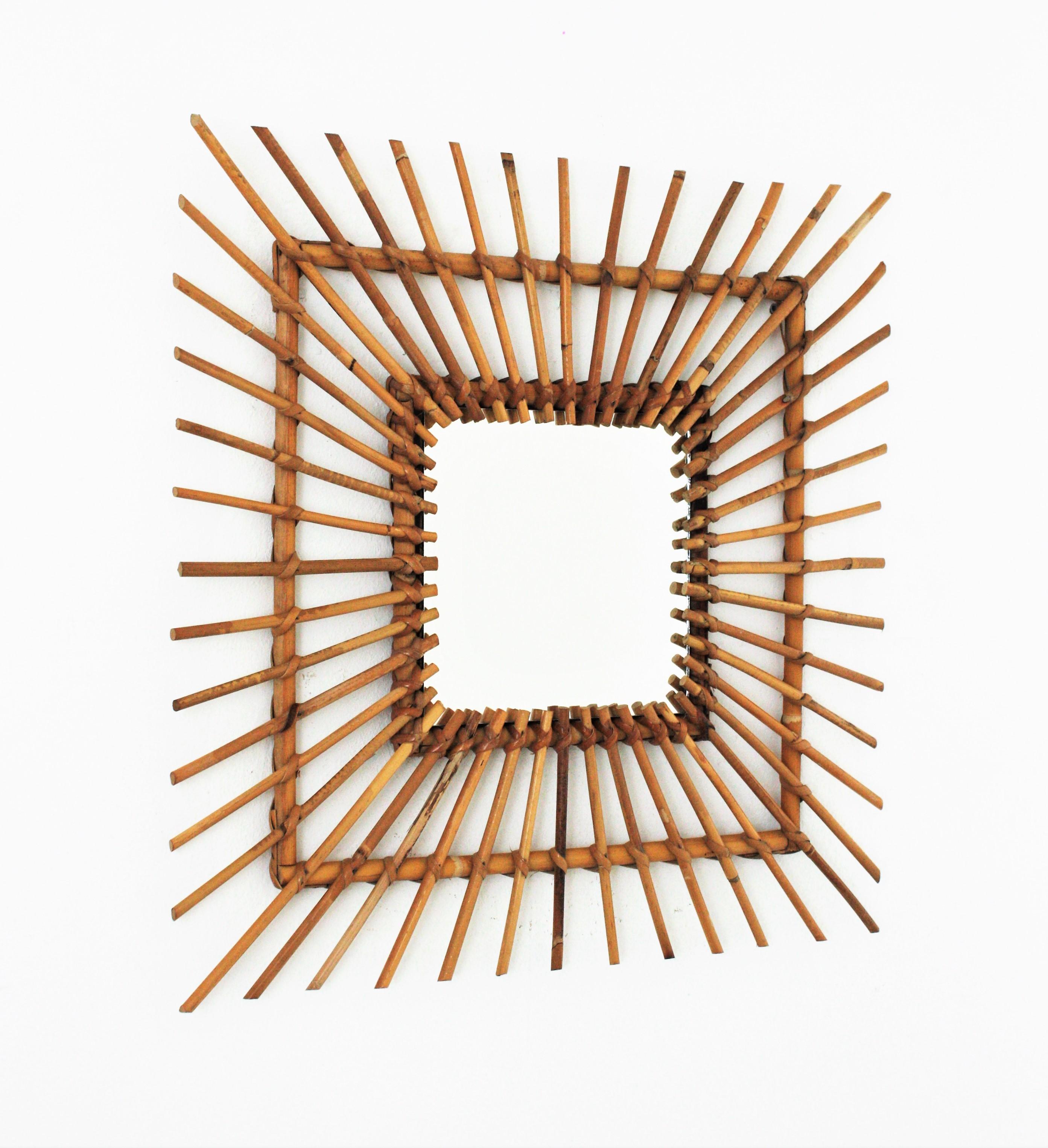 Rattan Sunburst Rhombus Mirror, 1960s 1