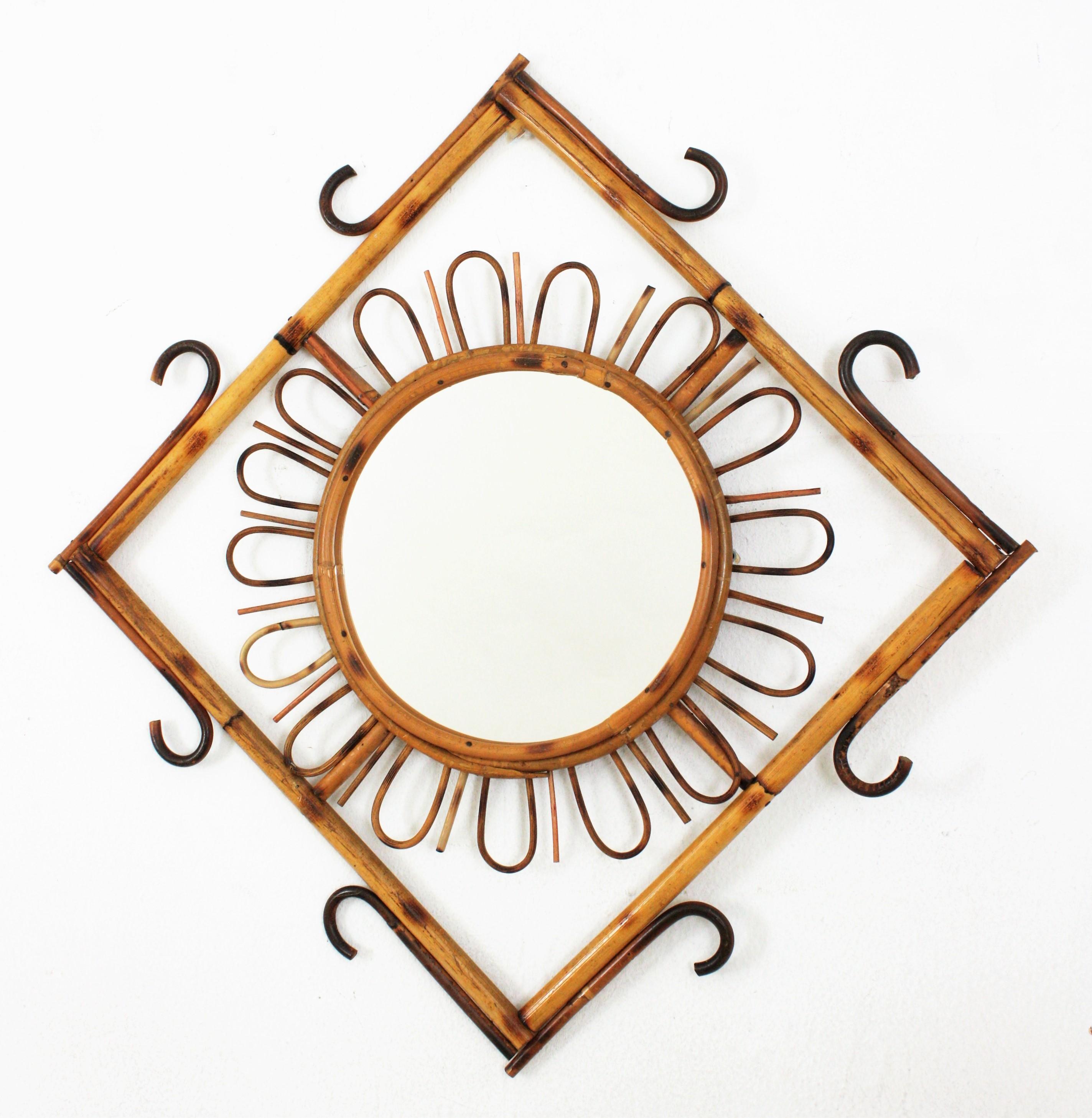 Rattan Sunburst Rhombus Mirror, 1960s For Sale 2