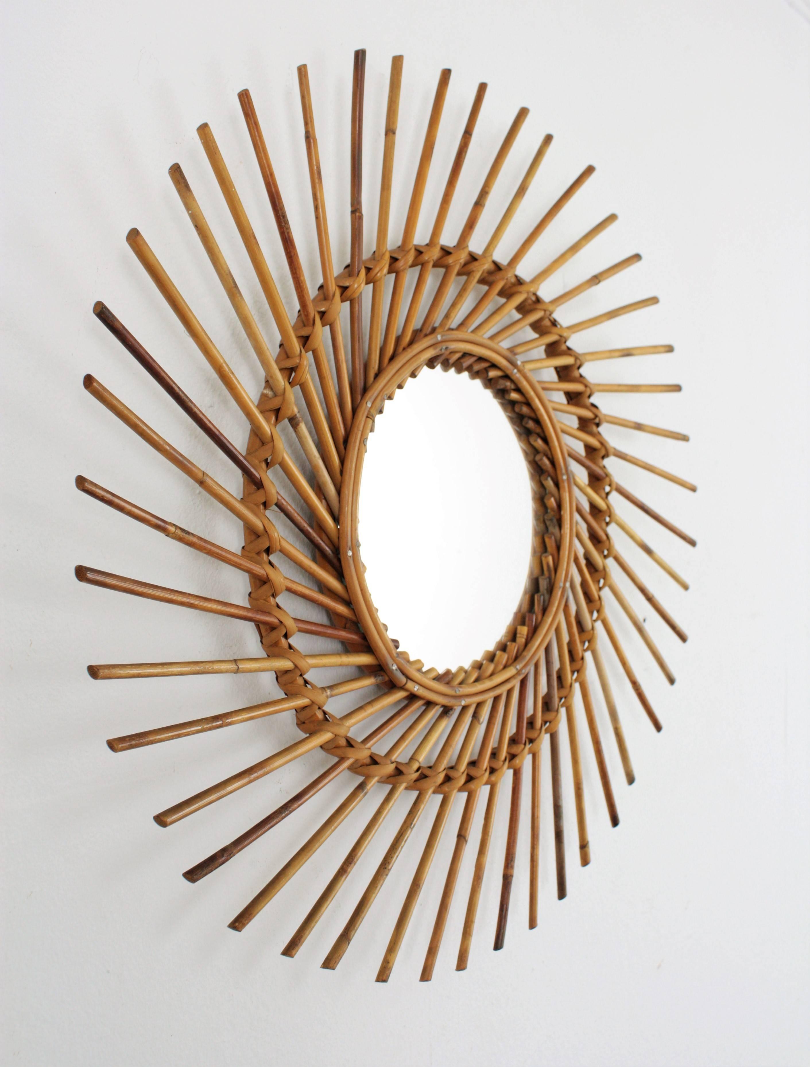 Mid-Century Modern Rattan Sunburst Twisted Mirror, 1960s