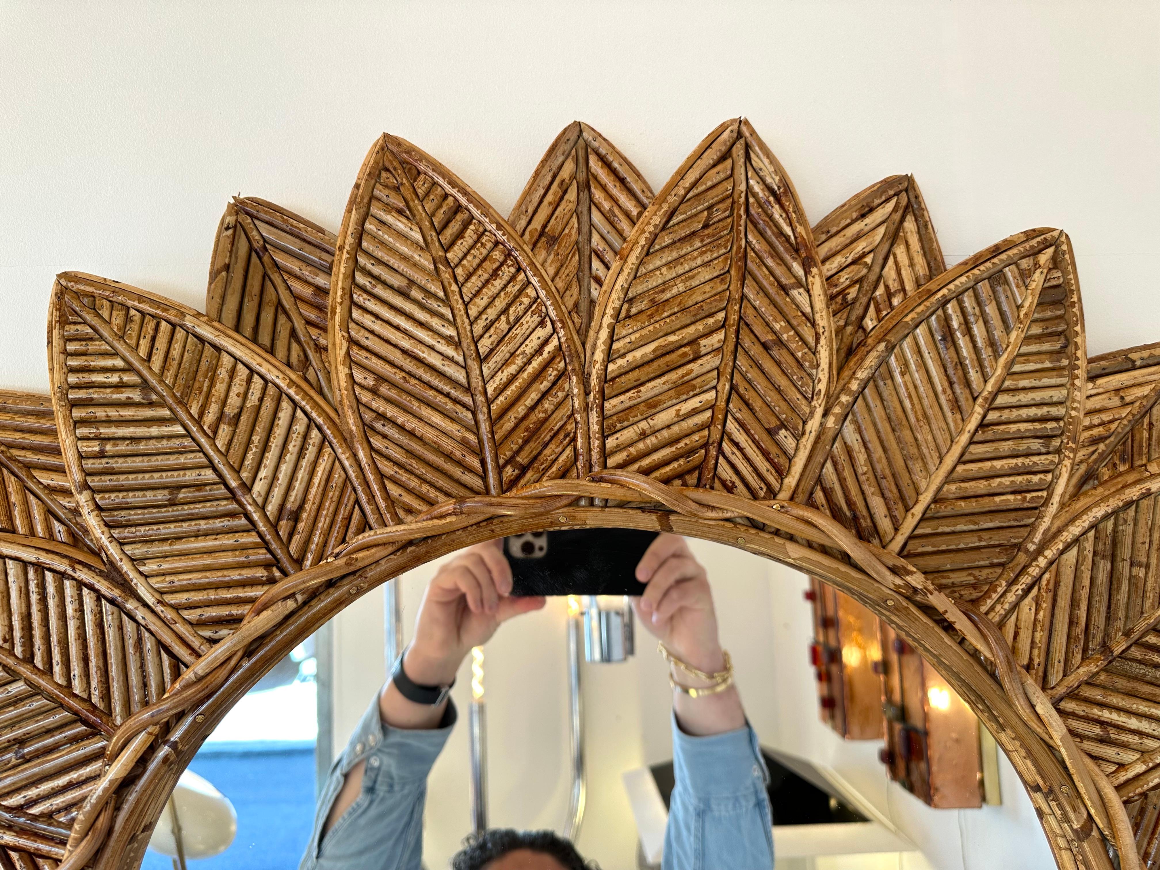 Sunflower model wall mirror bamboo, rattan raffia, wicker by the manufacture Vivai del Sud italian design. Original manufacture stamp on the back.  Famous design like, Maison Arpex International, Dal Vera, Renato Zevi, Romeo Rega, Maison Jansen