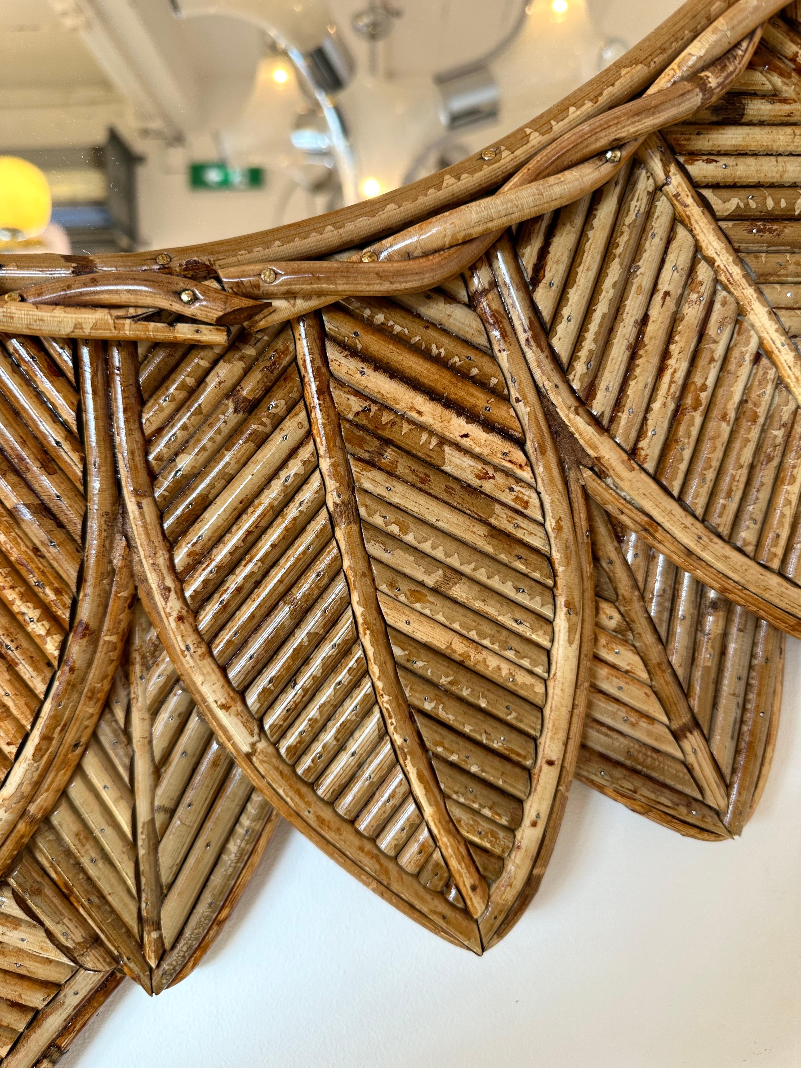 Bamboo Rattan Sunflower Mirror by Vivai Del Sud. Italy, 1970s