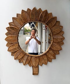 Rattan Sunflower Mirror by Vivai Del Sud. Italy, 1970s
