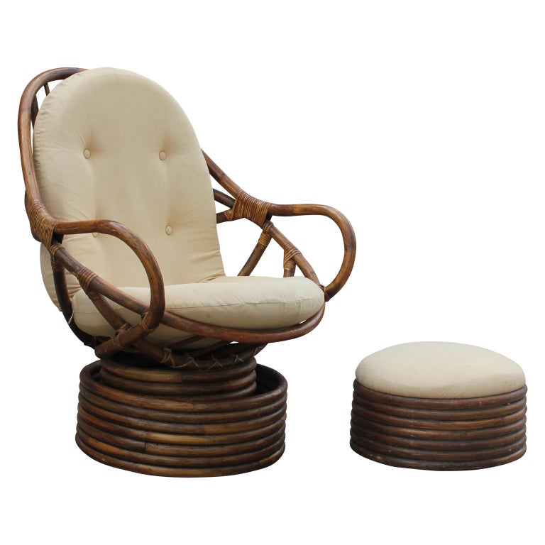 Rattan Swivel Rocking Lounge Chair with Ottomans at 1stDibs