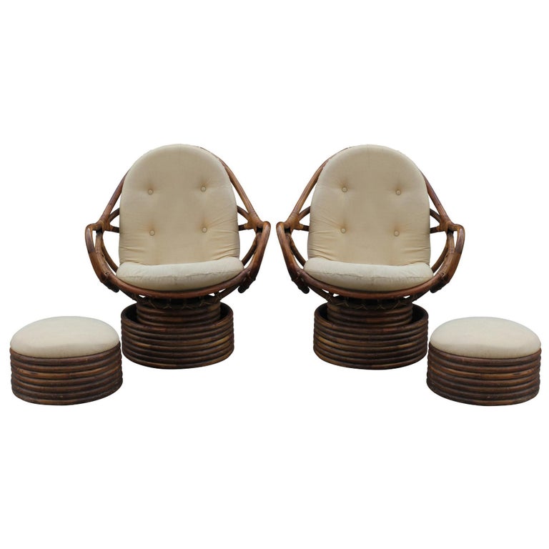 Rattan Swivel Rocking Lounge Chair with Ottomans at 1stDibs