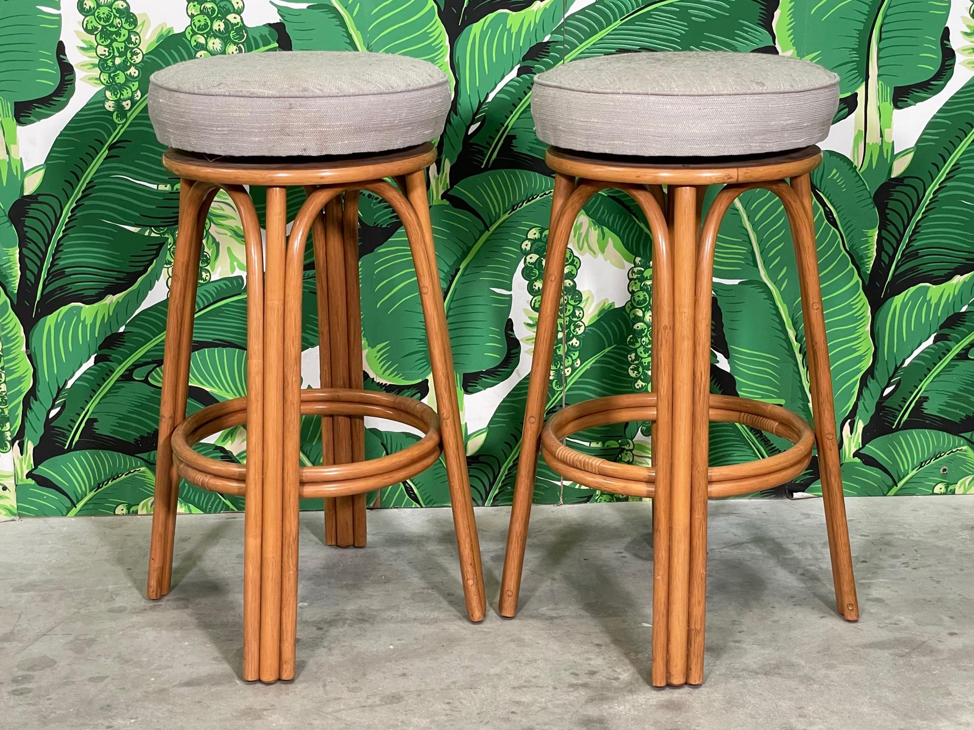 Rattan Swivel Upholstered Bar Stools, a Pair In Good Condition For Sale In Jacksonville, FL
