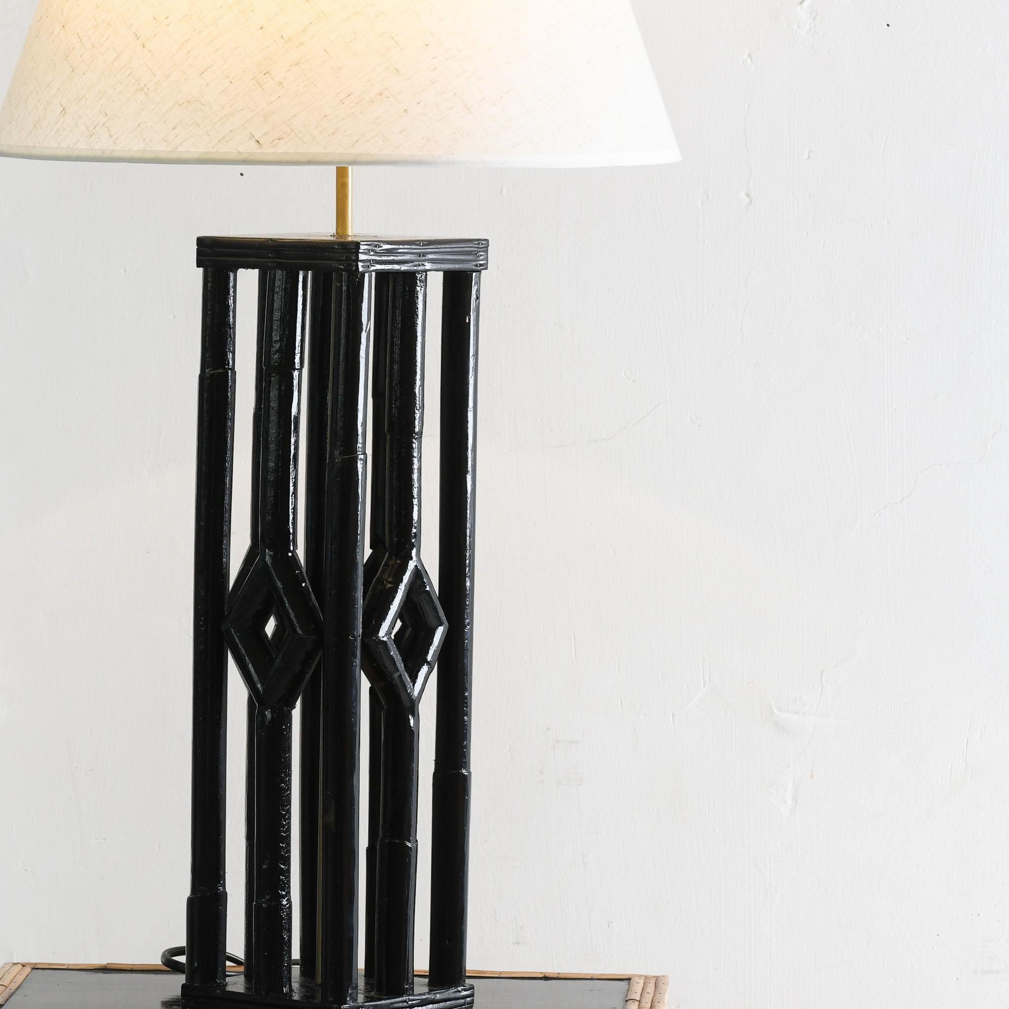 Colonial Revival Rattan Table Lamp Black Lacquered Colonial Style For Sale