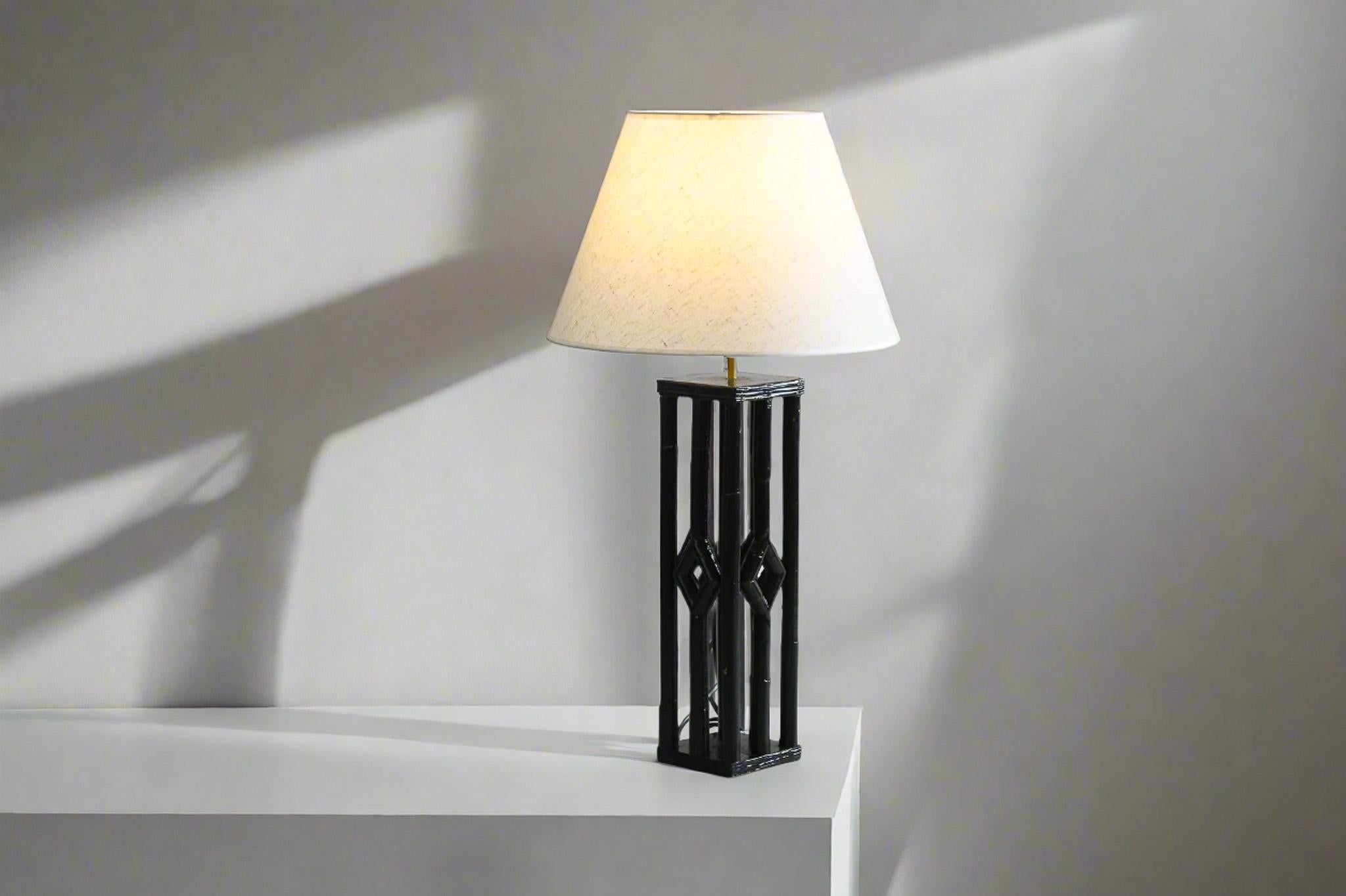 Hand-Crafted Rattan Table Lamp Black Lacquered Colonial Style For Sale
