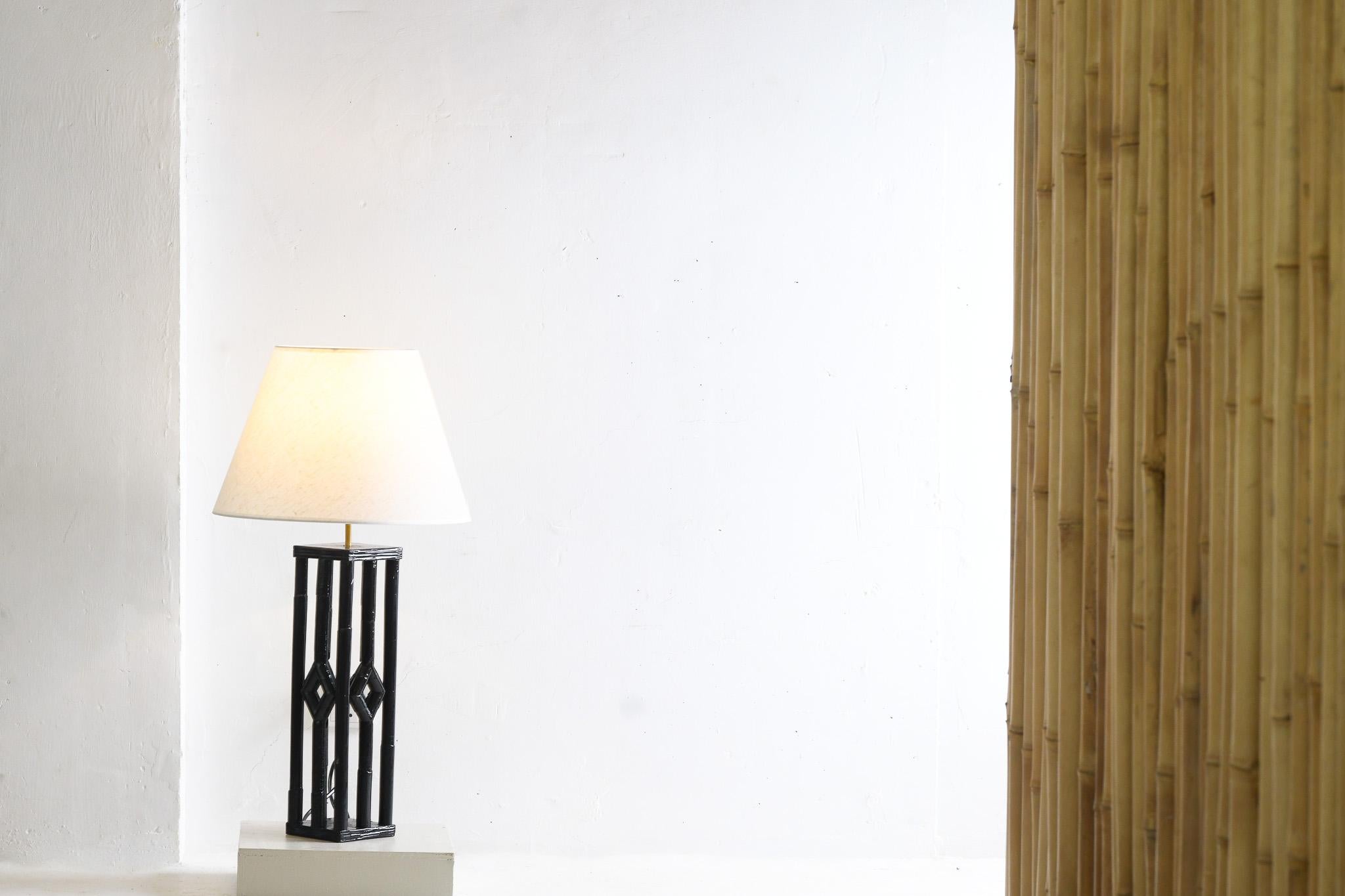 Bamboo Rattan Table Lamp Black Lacquered Colonial Style For Sale